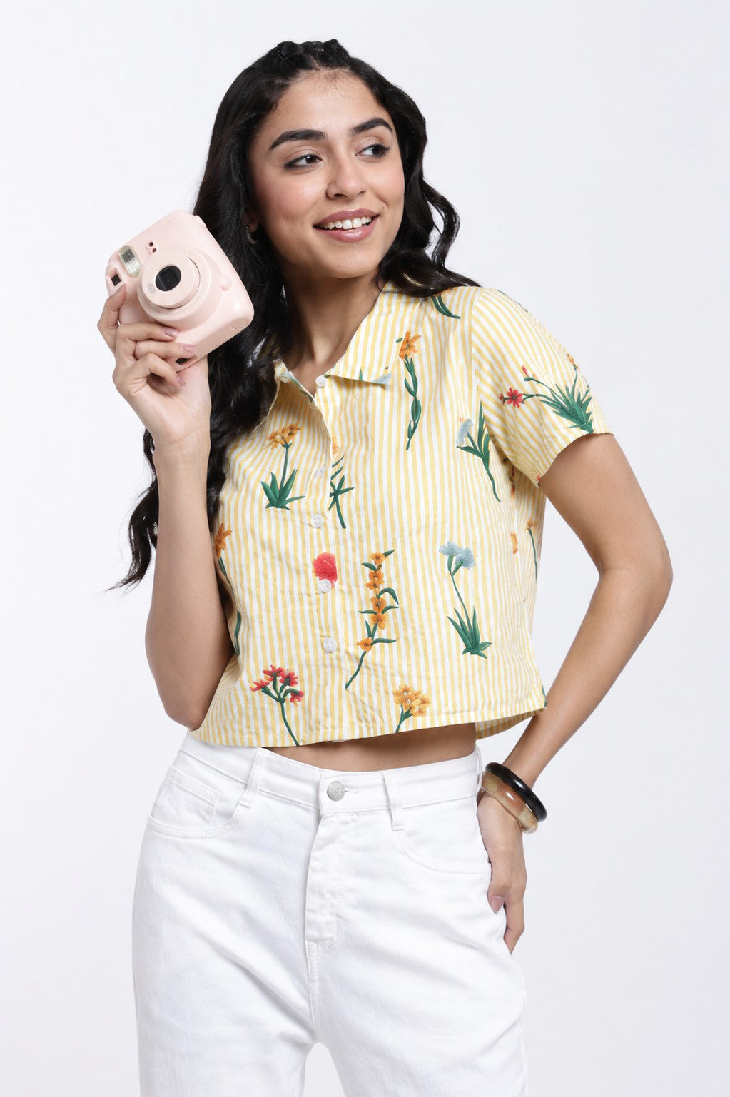 Yellow Floral Striped Regular Fit Shirt for Women - Image 1