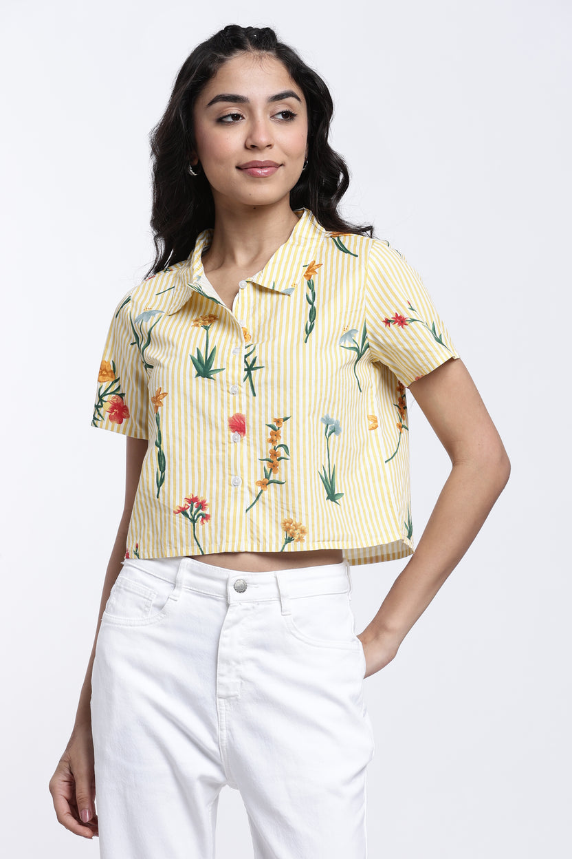 Yellow Floral Striped Regular Fit Shirt for Women - Image 2