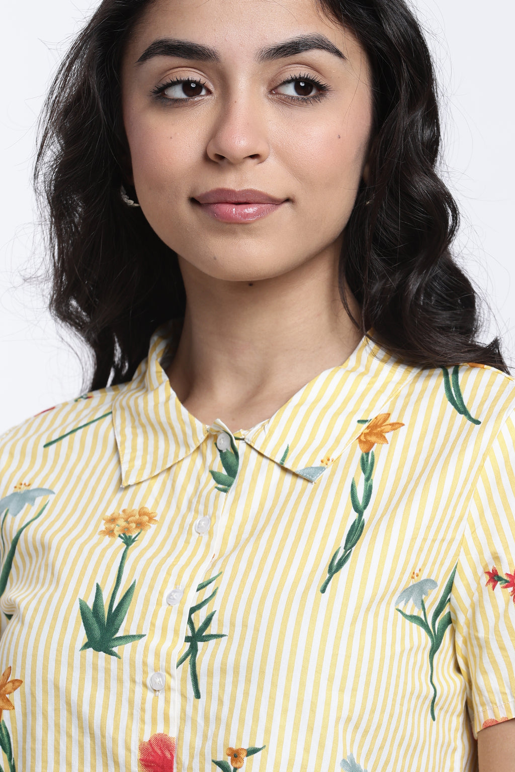 Yellow Floral Striped Regular Fit Shirt for Women - Image 3