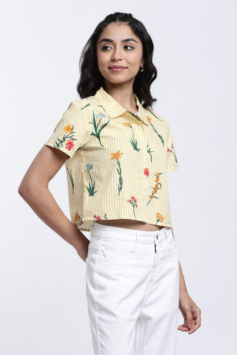 Yellow Floral Striped Regular Fit Shirt for Women - Image 4