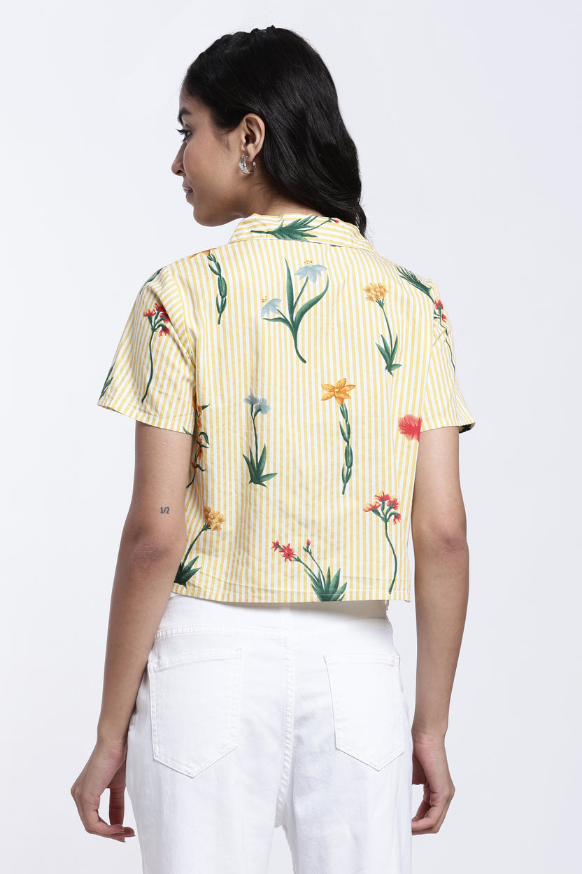 Yellow Floral Striped Regular Fit Shirt for Women - Image 5