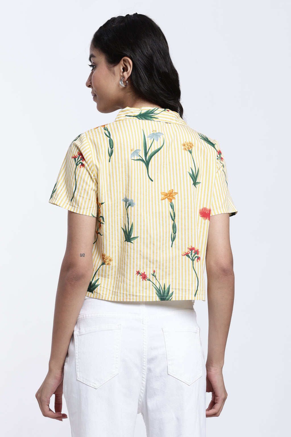 Yellow Floral Striped Regular Fit Shirt for Women - Image 5