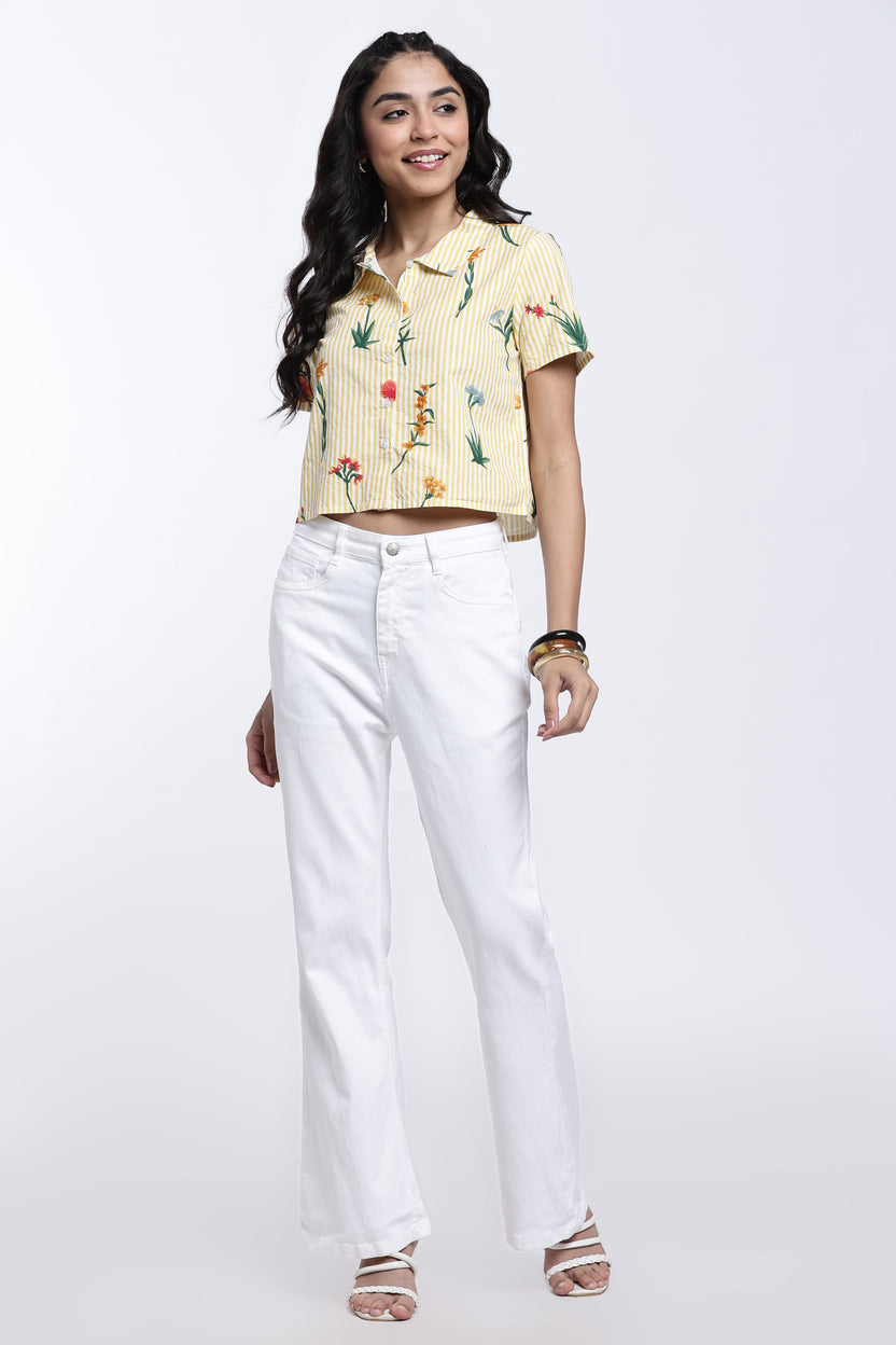 Yellow Floral Striped Regular Fit Shirt for Women - Image 6