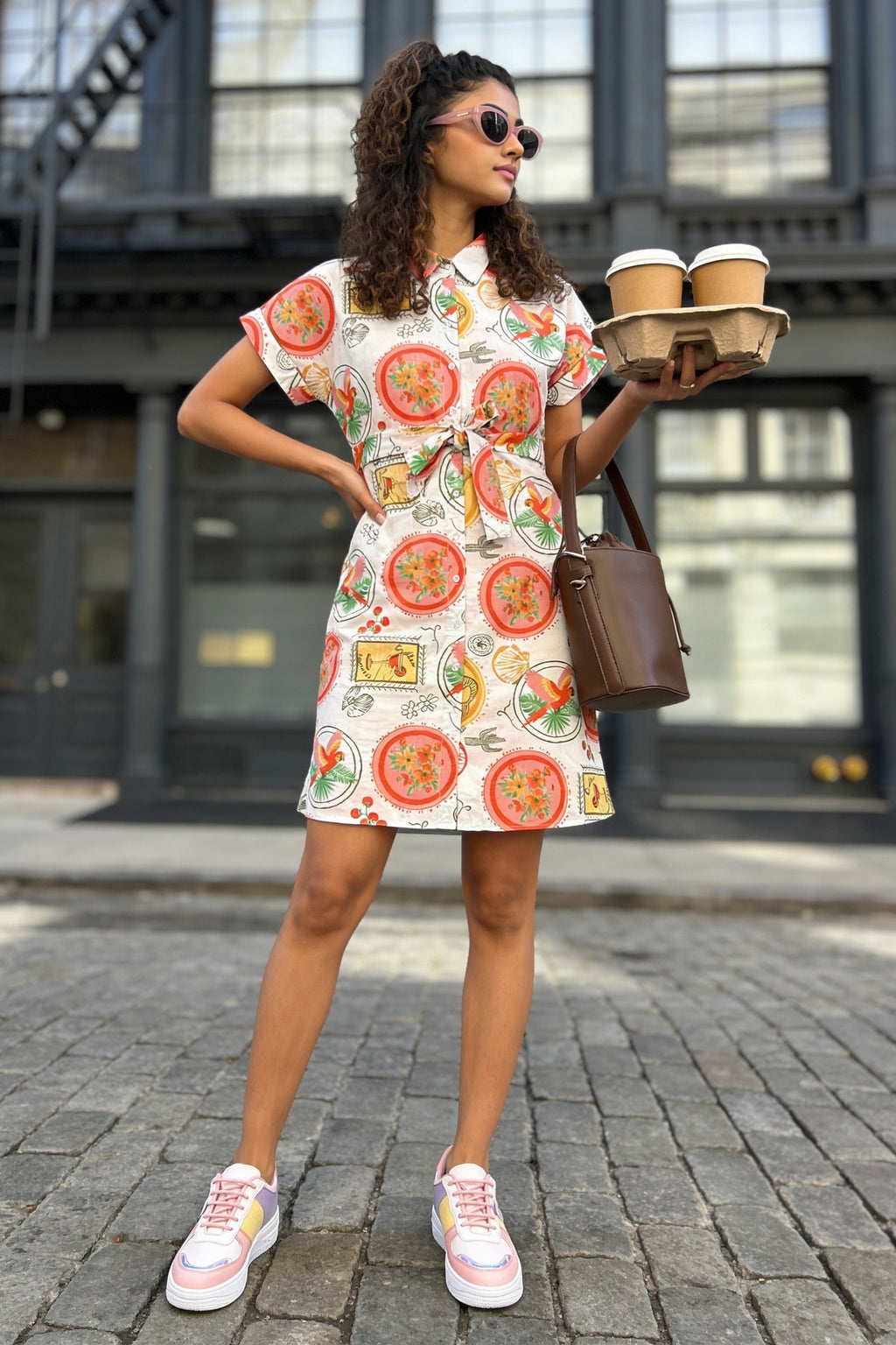 White Tropical Parrot Printed Tie‑Up Mini Dress for Women - Image 1