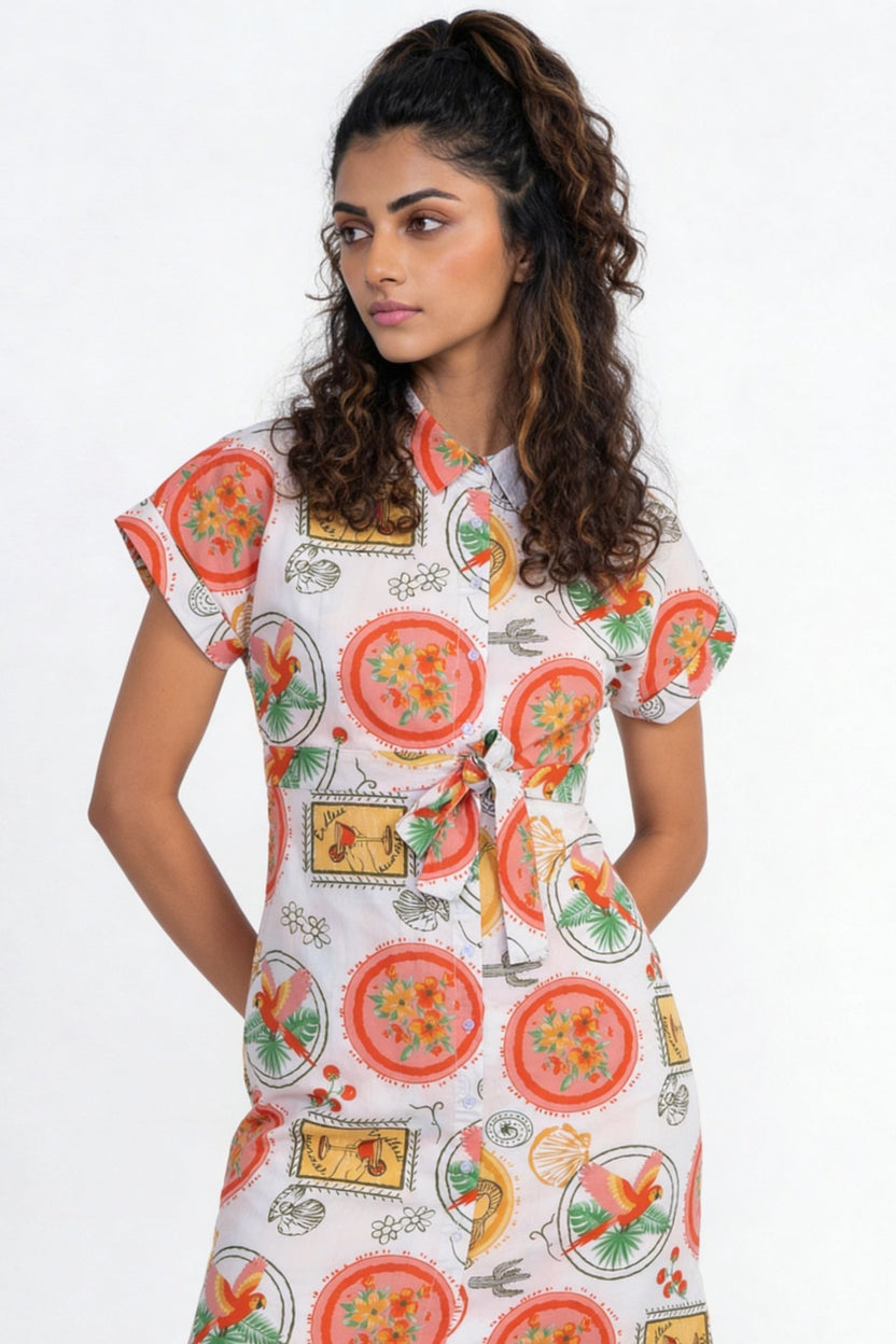 White Tropical Parrot Printed Tie‑Up Mini Dress for Women - Image 2