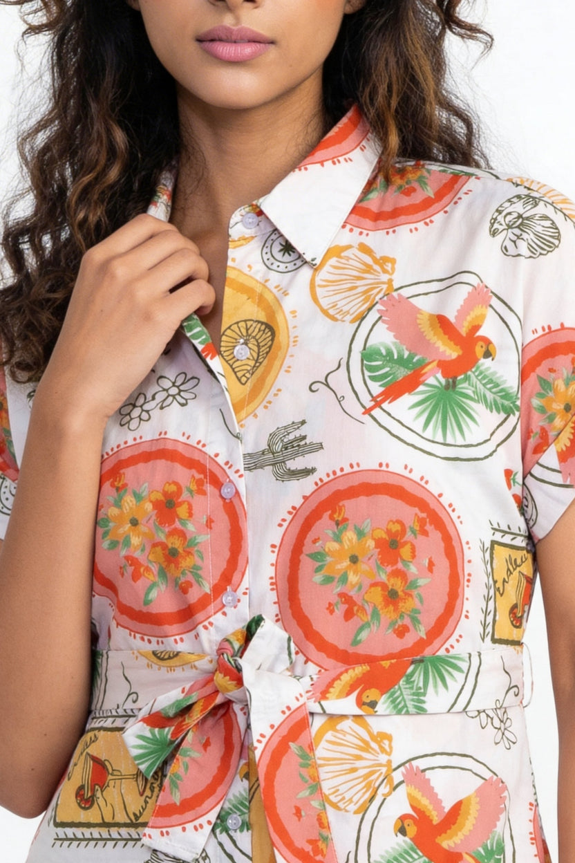 White Tropical Parrot Printed Tie‑Up Mini Dress for Women - Image 3