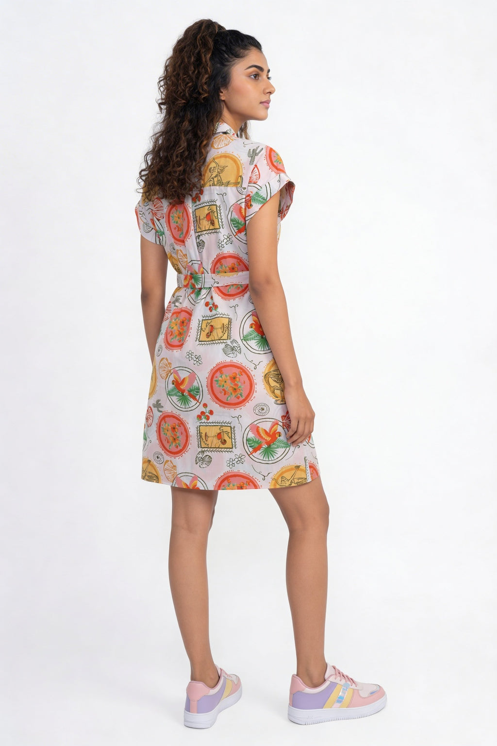 White Tropical Parrot Printed Tie‑Up Mini Dress for Women - Image 5