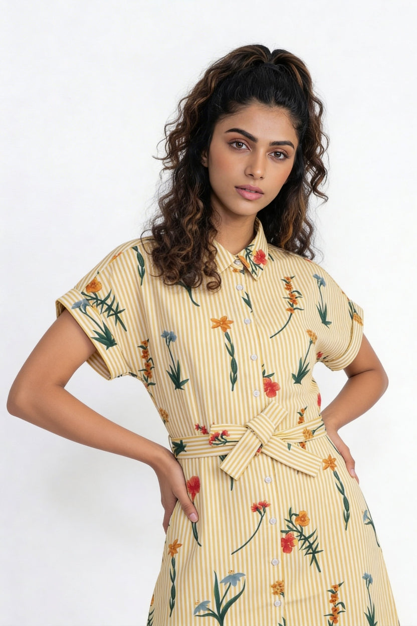 Yellow Striped Floral Printed Tie‑Up Mini Dress for Women - Image 2