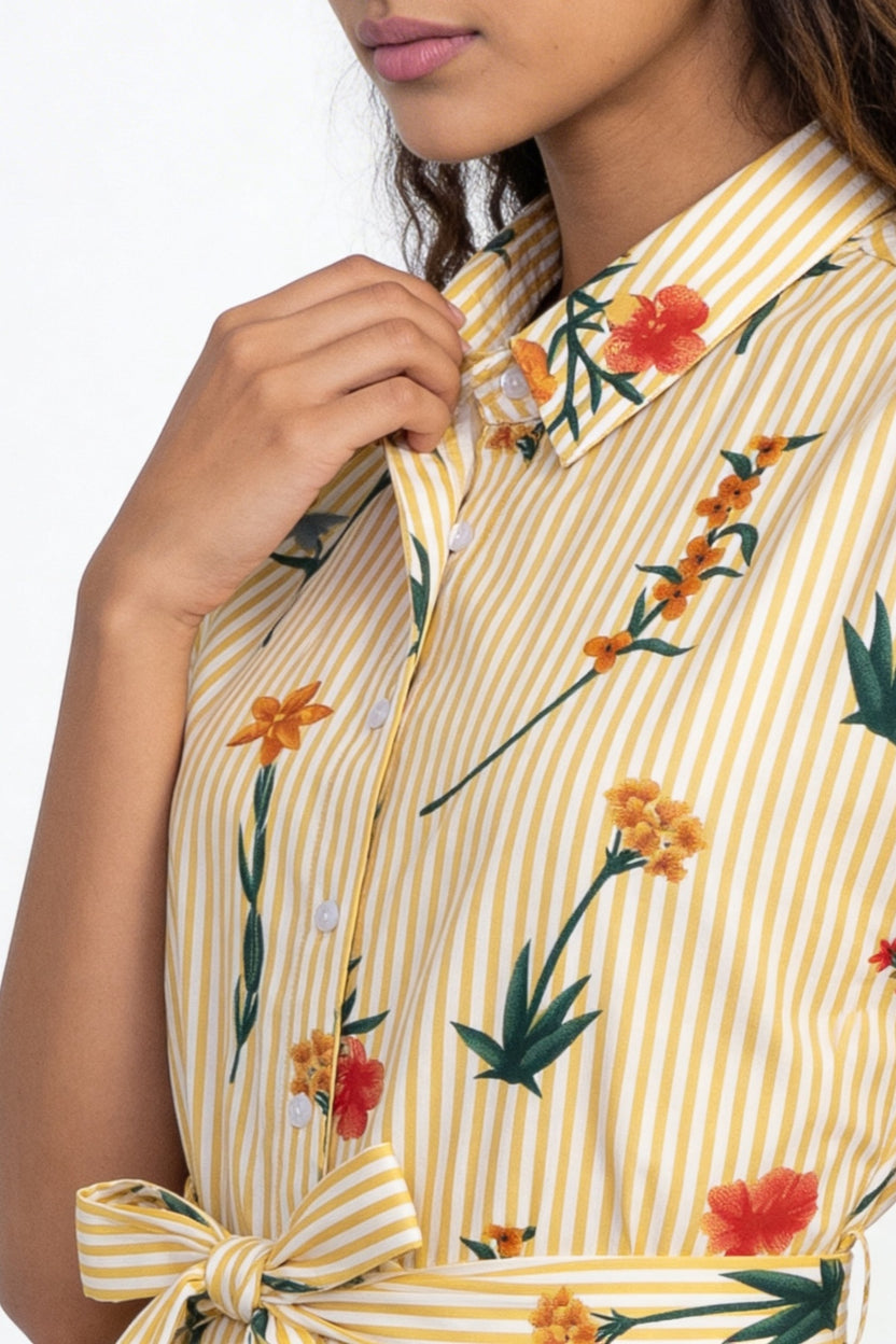 Yellow Striped Floral Printed Tie‑Up Mini Dress for Women - Image 3