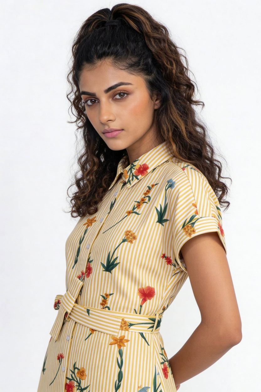 Yellow Striped Floral Printed Tie‑Up Mini Dress for Women - Image 4