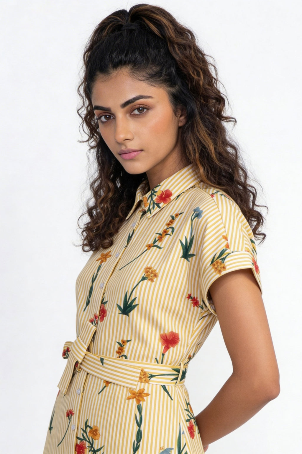 Yellow Striped Floral Printed Tie‑Up Mini Dress for Women - Image 4
