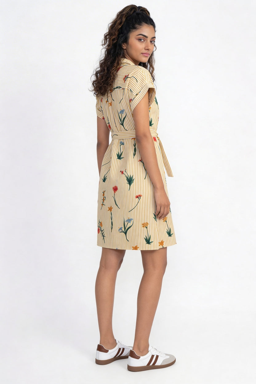 Yellow Striped Floral Printed Tie‑Up Mini Dress for Women - Image 5