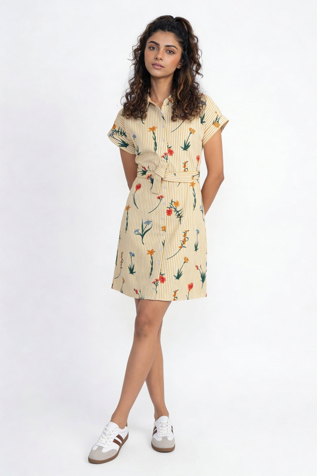 Yellow Striped Floral Printed Tie‑Up Mini Dress for Women - Image 6