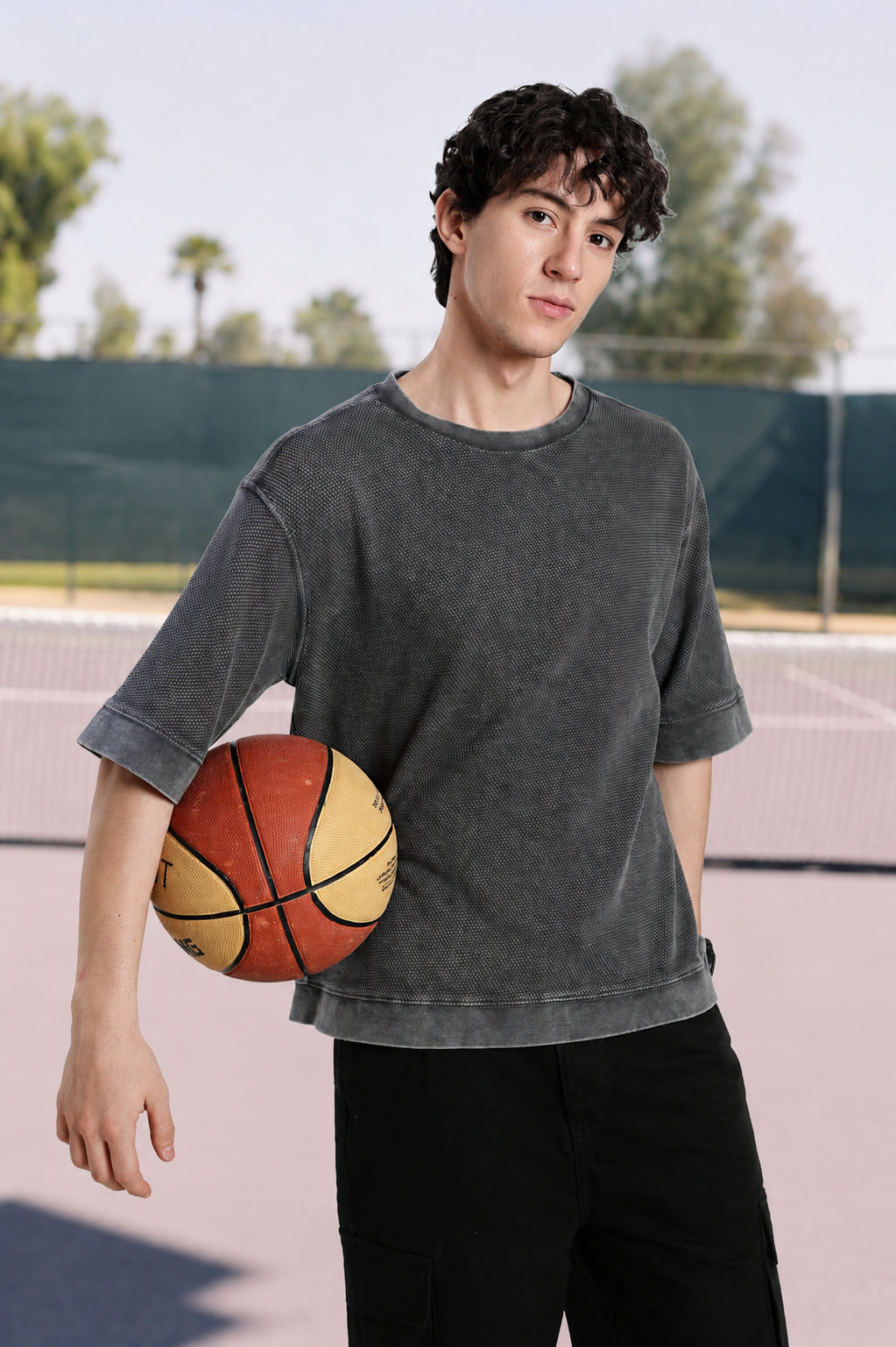 Grey Textured Oversized Fit T-Shirt for Men - Image 1