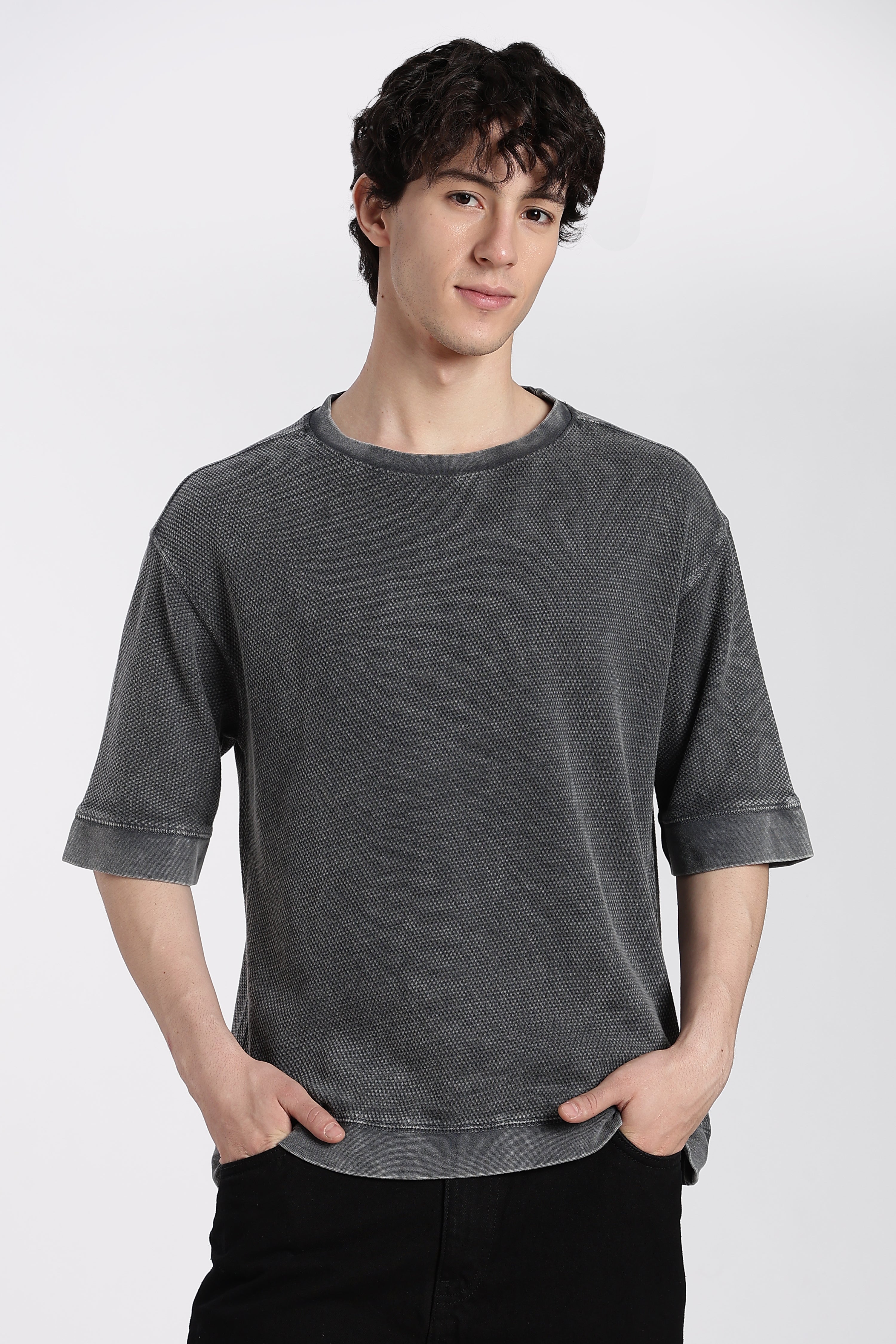 Grey Textured Oversized Fit T-Shirt for Men - Image 2