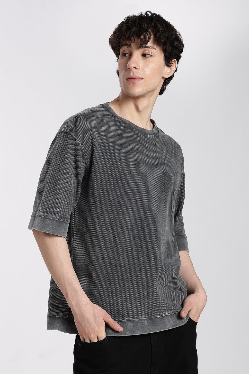Grey Textured Oversized Fit T-Shirt for Men - Image 4