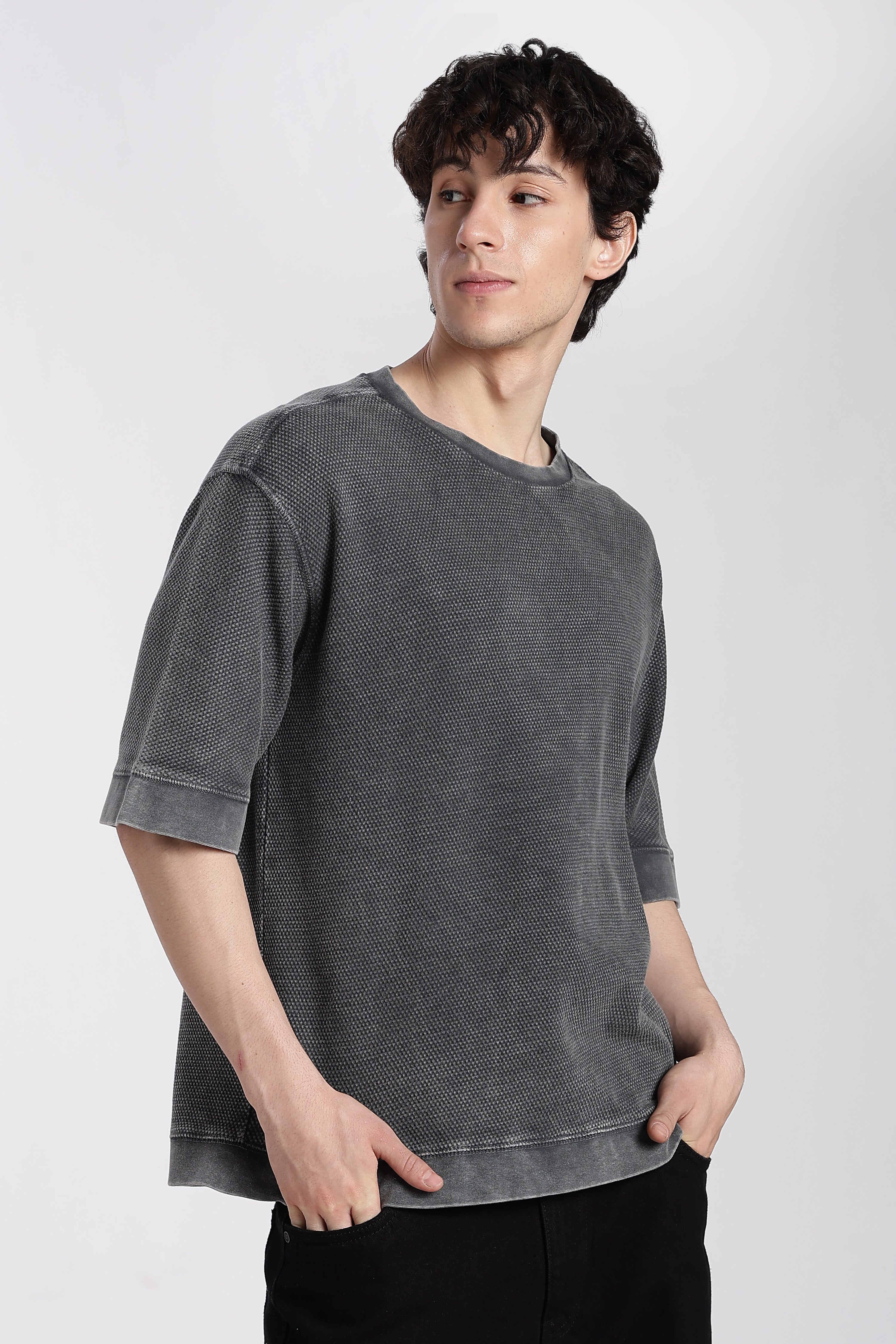 Grey Textured Oversized Fit T-Shirt for Men - Image 4