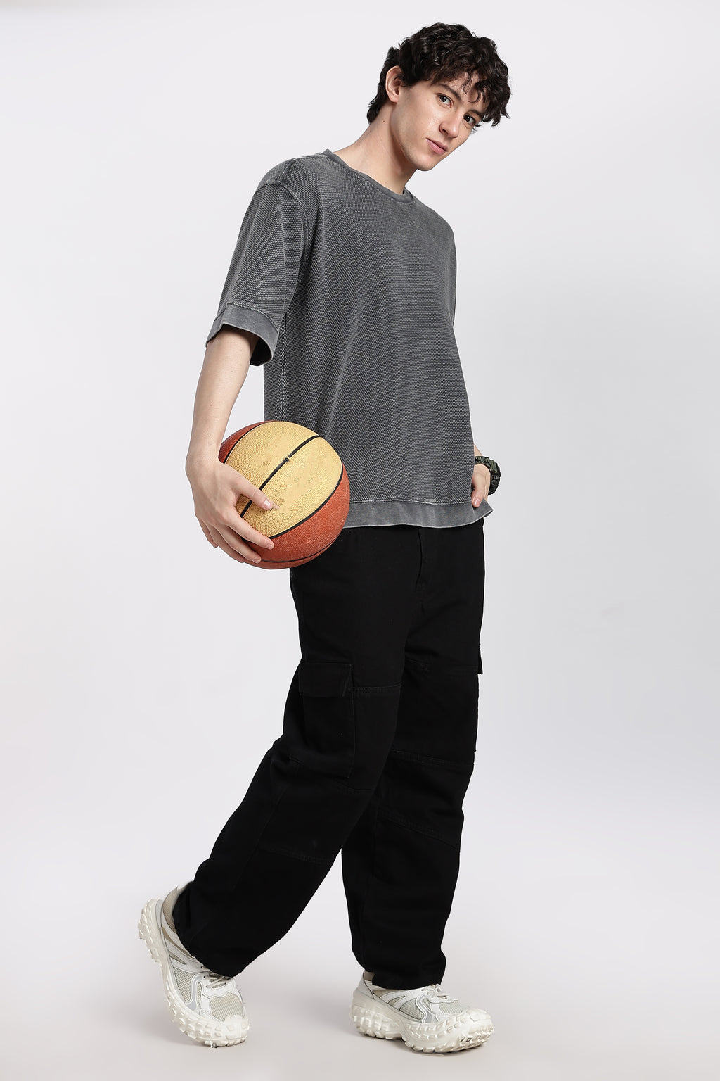Grey Textured Oversized Fit T-Shirt for Men - Image 6