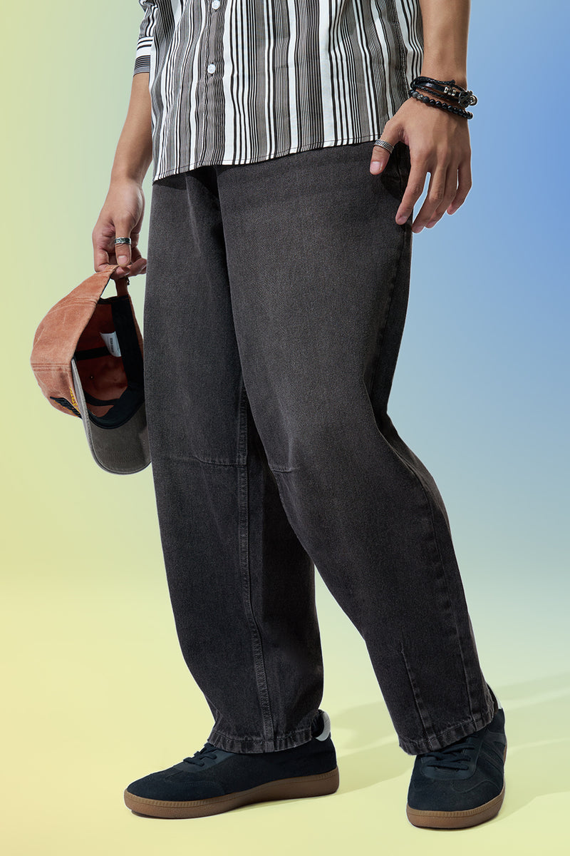 Charcoal Solid Barrel Fit Jeans For Men