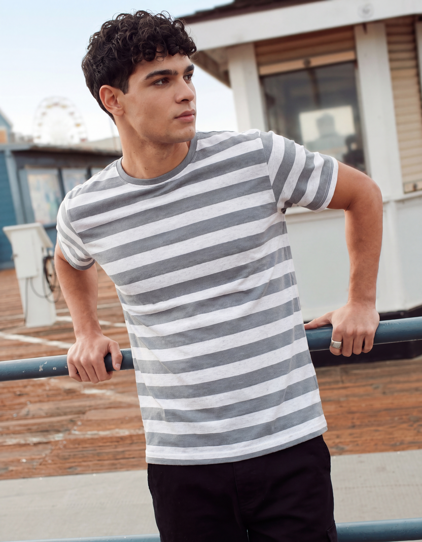 Grey Stripes Regular Fit T-Shirt For Men - Image 1
