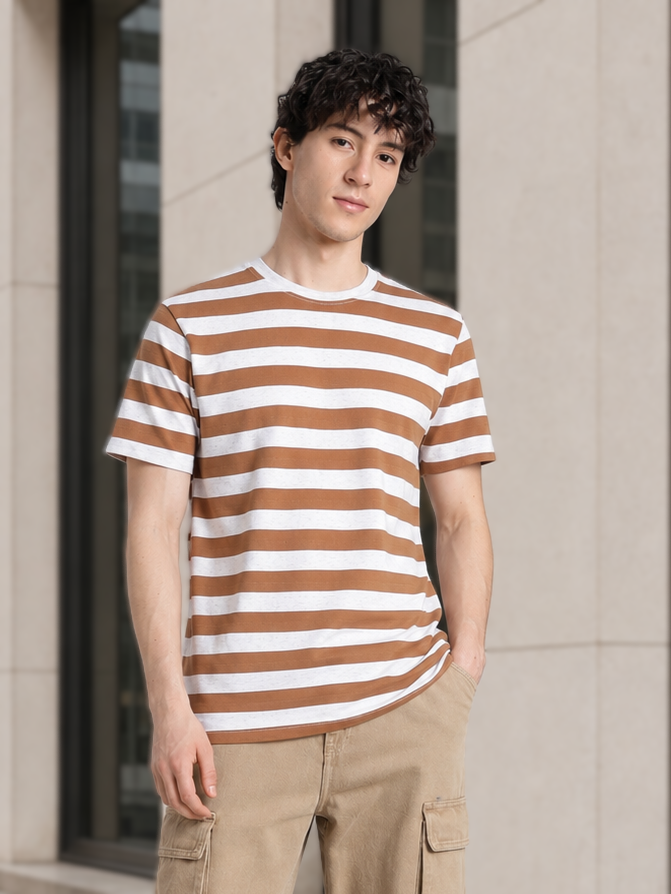 Orange Striped Regular Fit T-Shirt for Men - Image 1