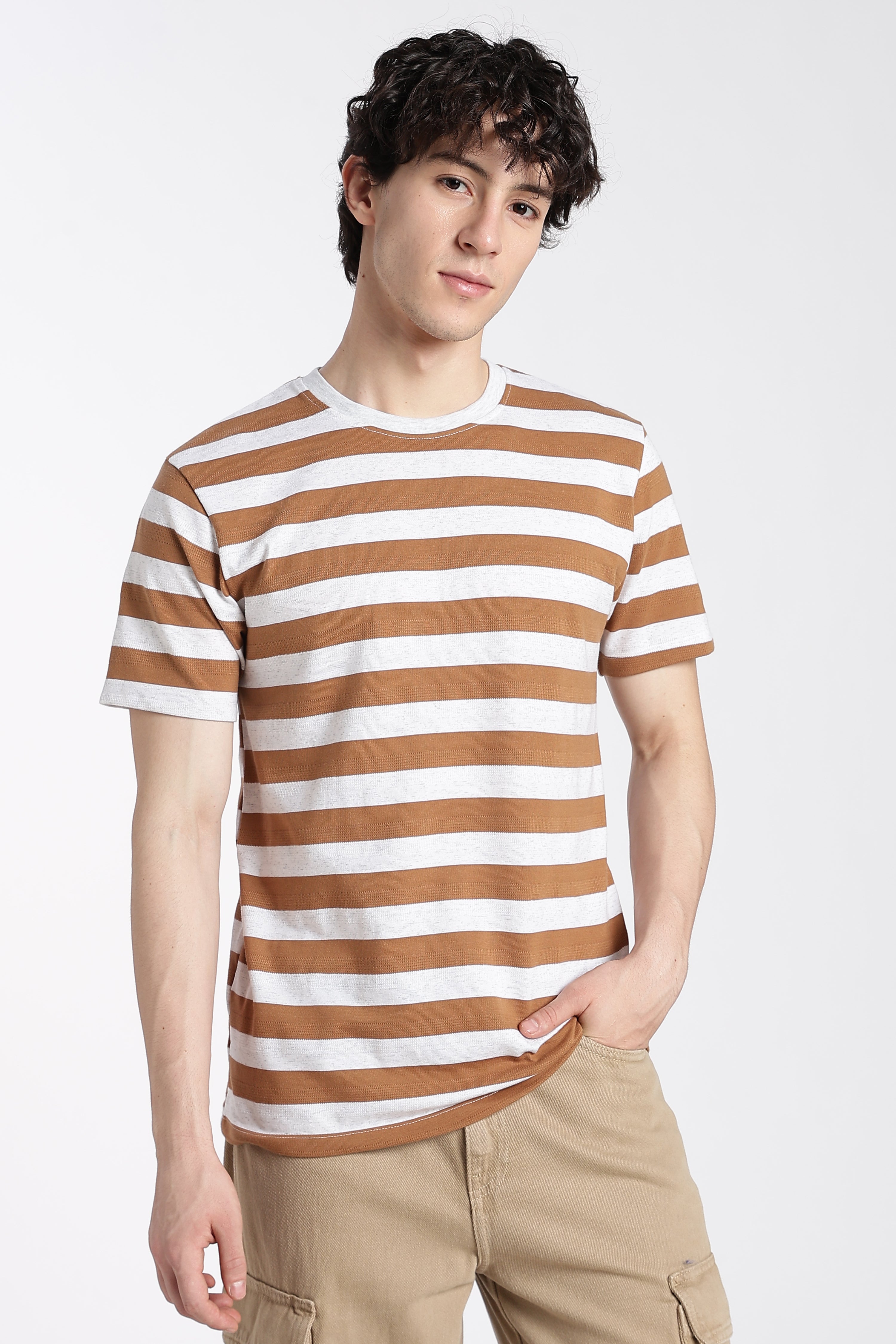 Orange Striped Regular Fit T-Shirt for Men - Image 2