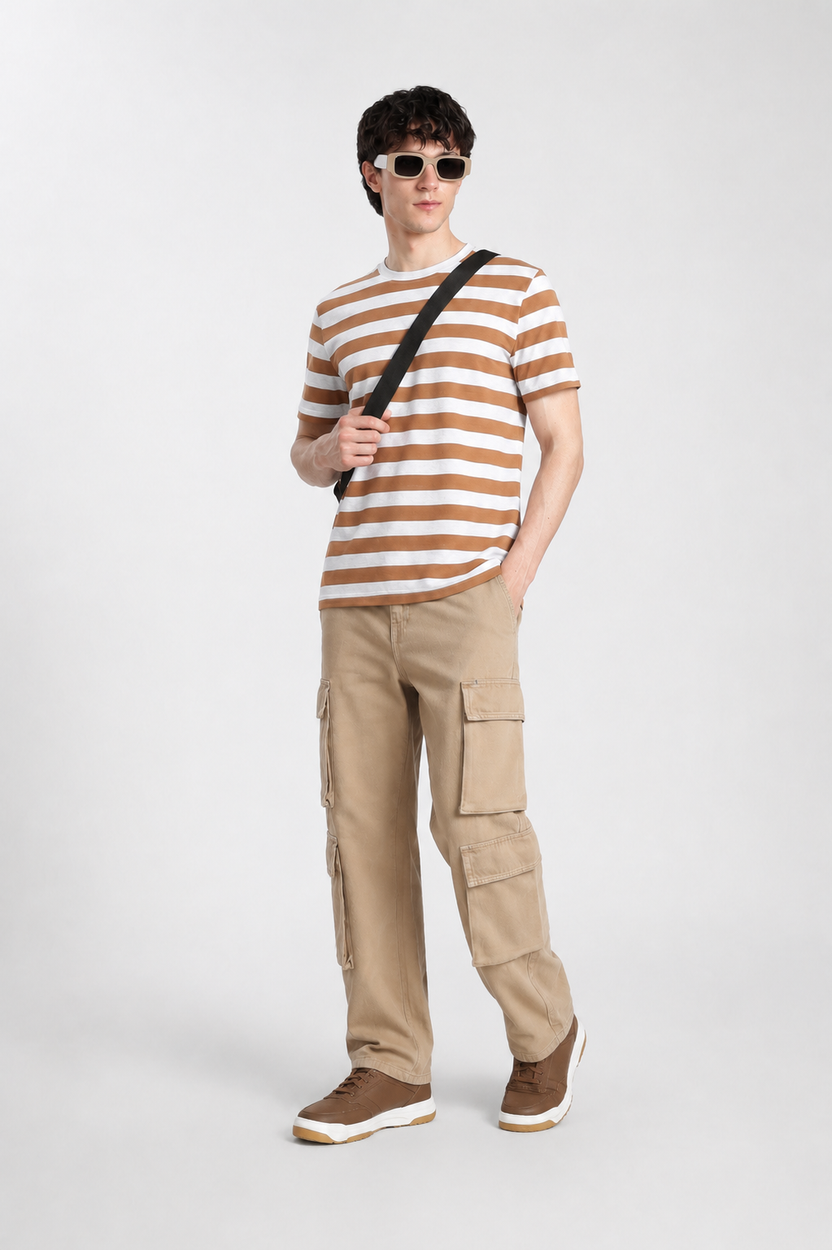 Orange Striped Regular Fit T-Shirt for Men - Image 6