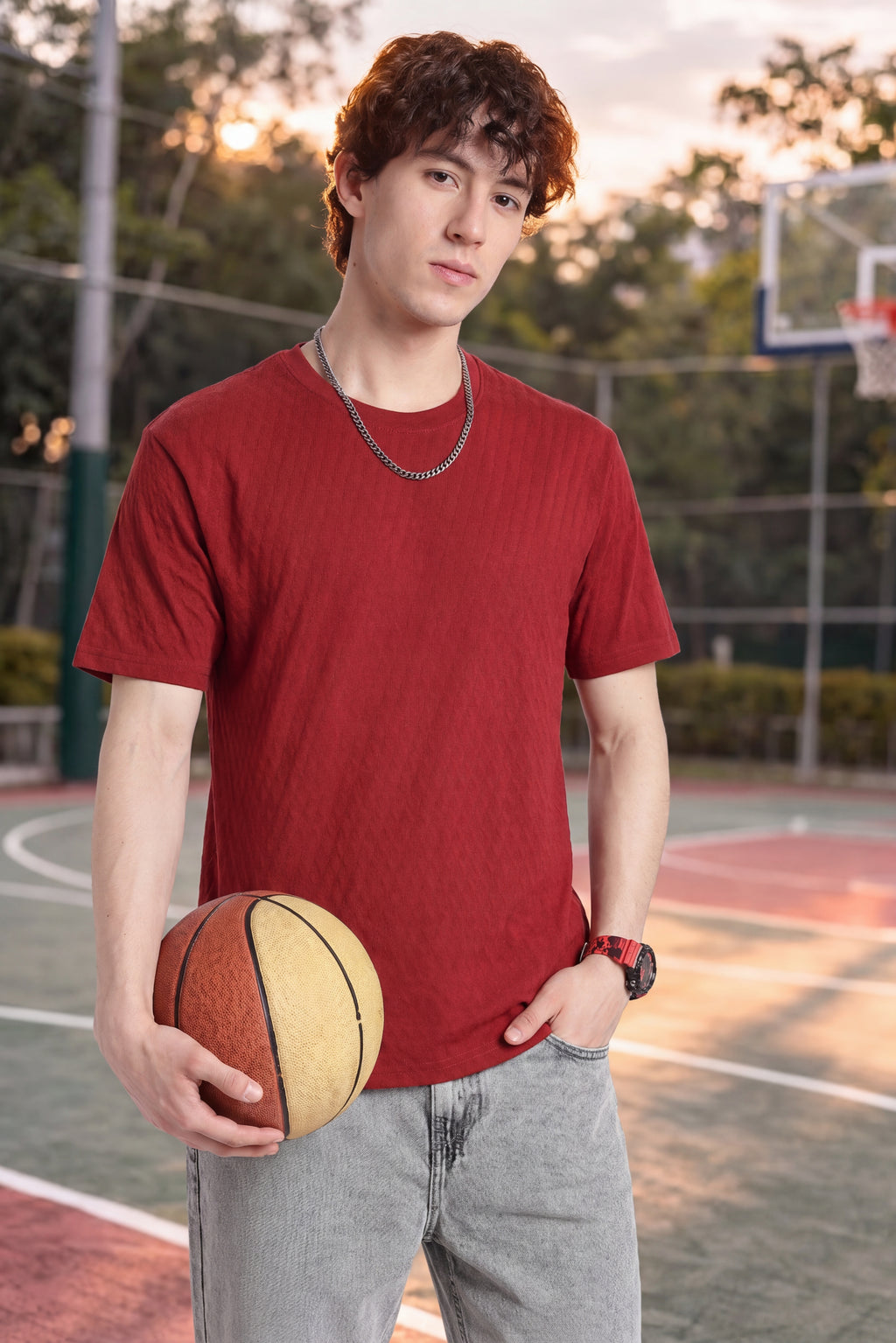 Rust Textured Regular Fit T-Shirt for Men - Image 1