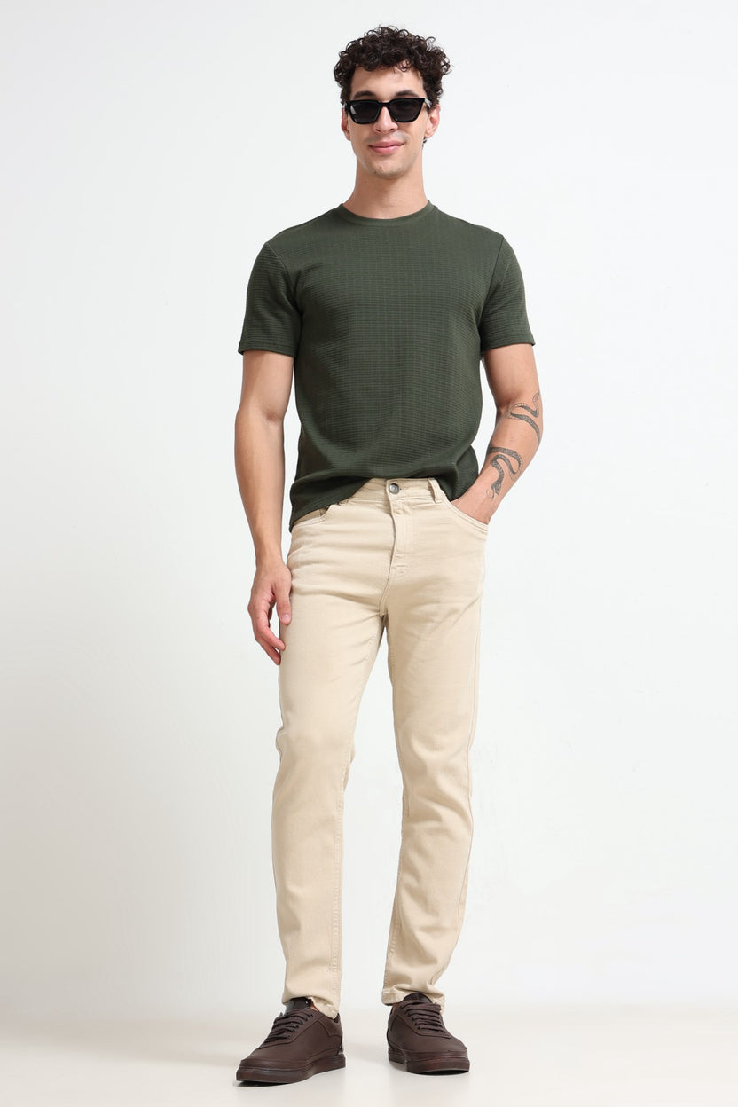 Olive Textured Regular Fit T-Shirt For Men - Image 6