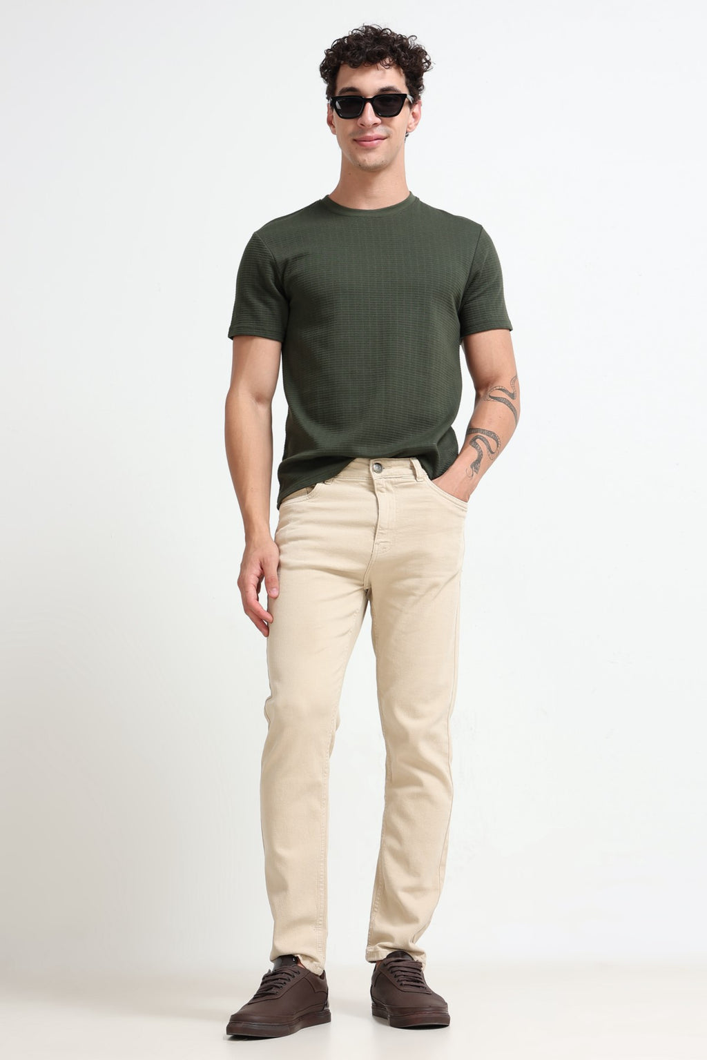 Olive Textured Regular Fit T-Shirt For Men - Image 6