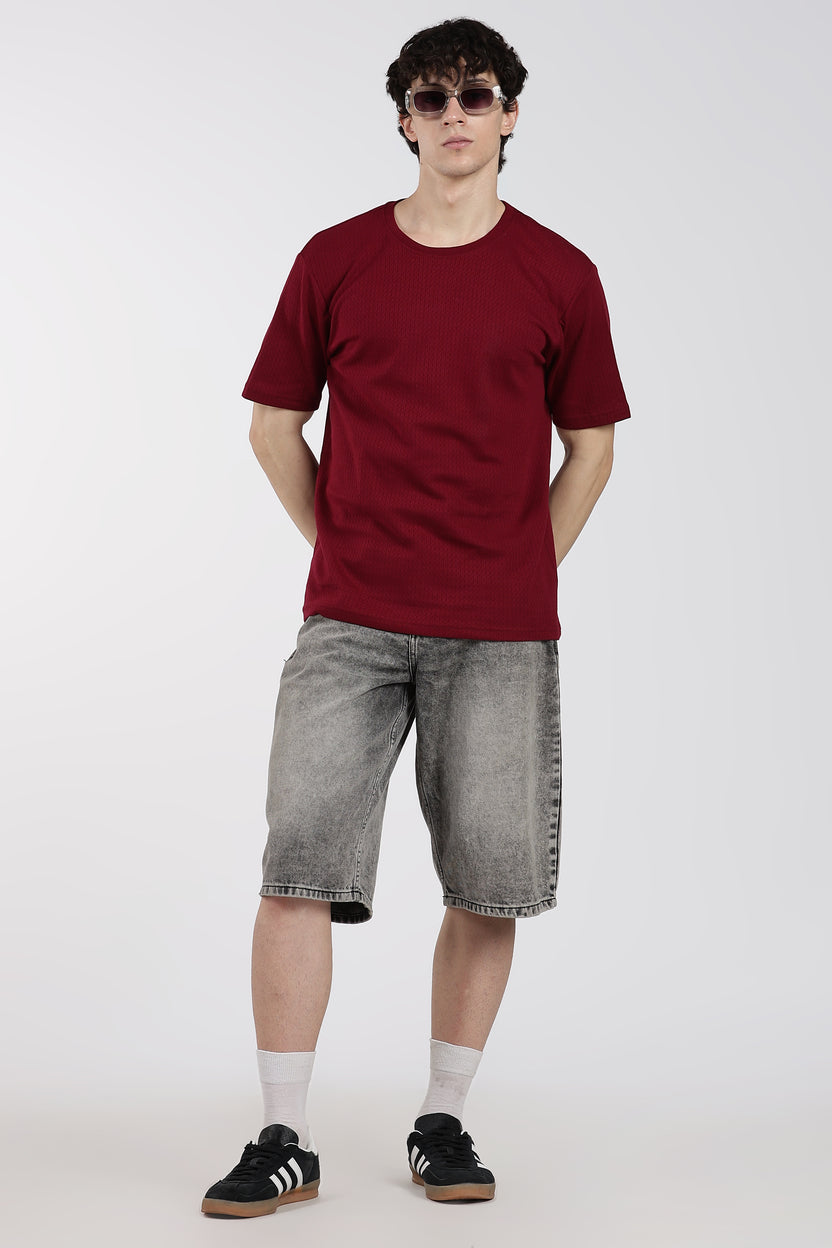 Maroon Textured Regular Fit T-Shirt For Men - Image 6