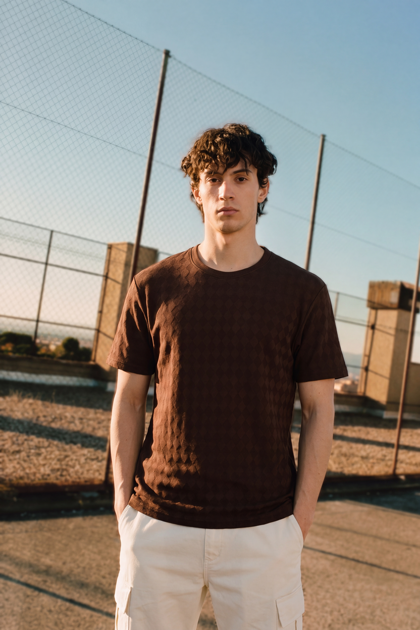 Brown Textured Regular Fit T-Shirt For Men - Image 1