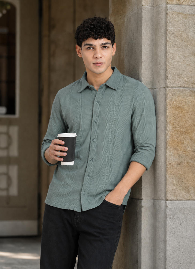 Teal Textured Regular Fit Shirt For Men - Image 1