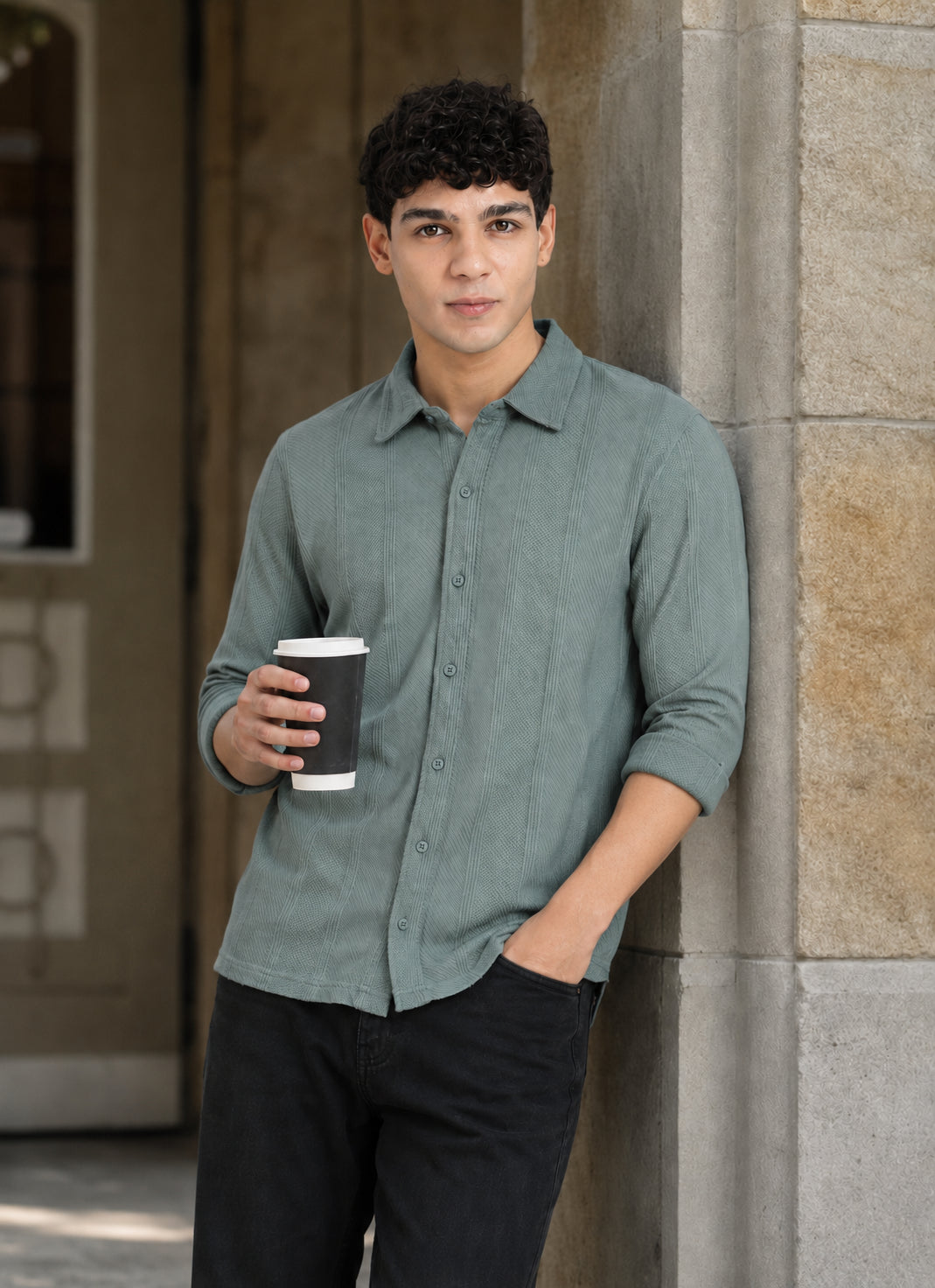 Teal Textured Regular Fit Shirt for Men - Image 1