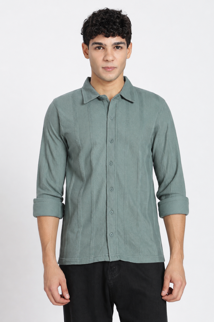 Teal Textured Regular Fit Shirt For Men - Image 2