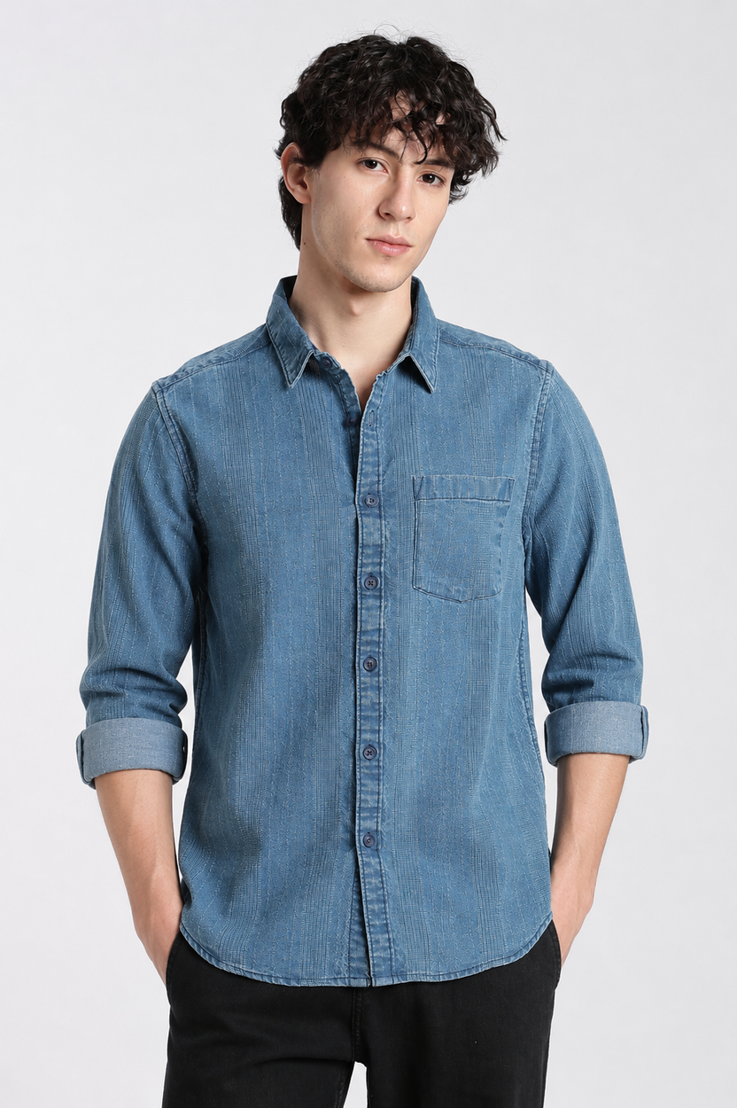 Blue Cotton Regular Fit Shirt For Men - Image 2