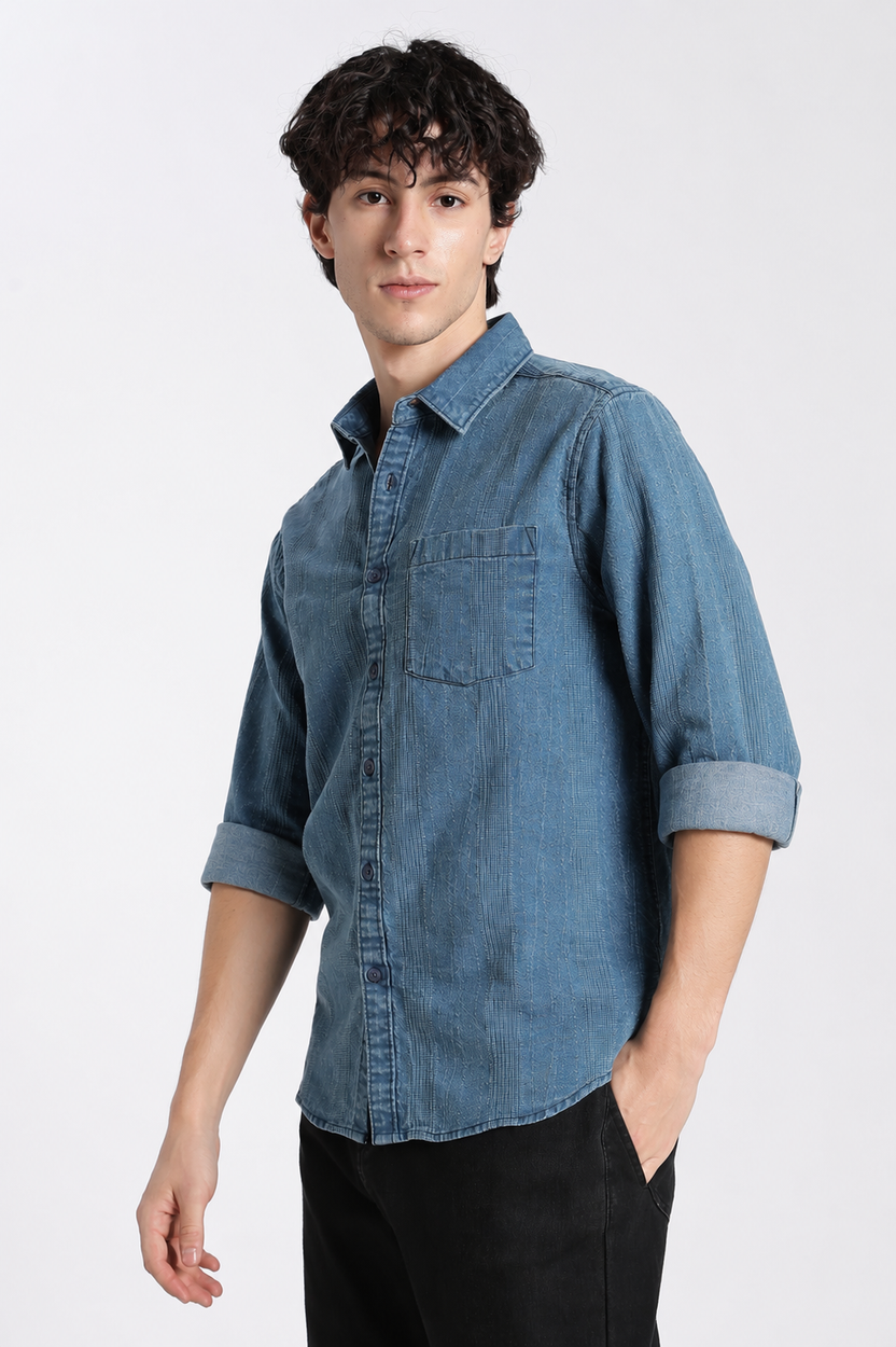 Blue Cotton Regular Fit Shirt For Men - Image 4