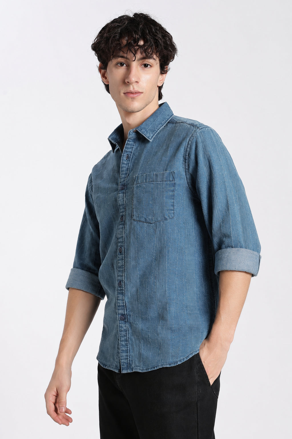 Blue Cotton Regular Fit Shirt For Men - Image 4