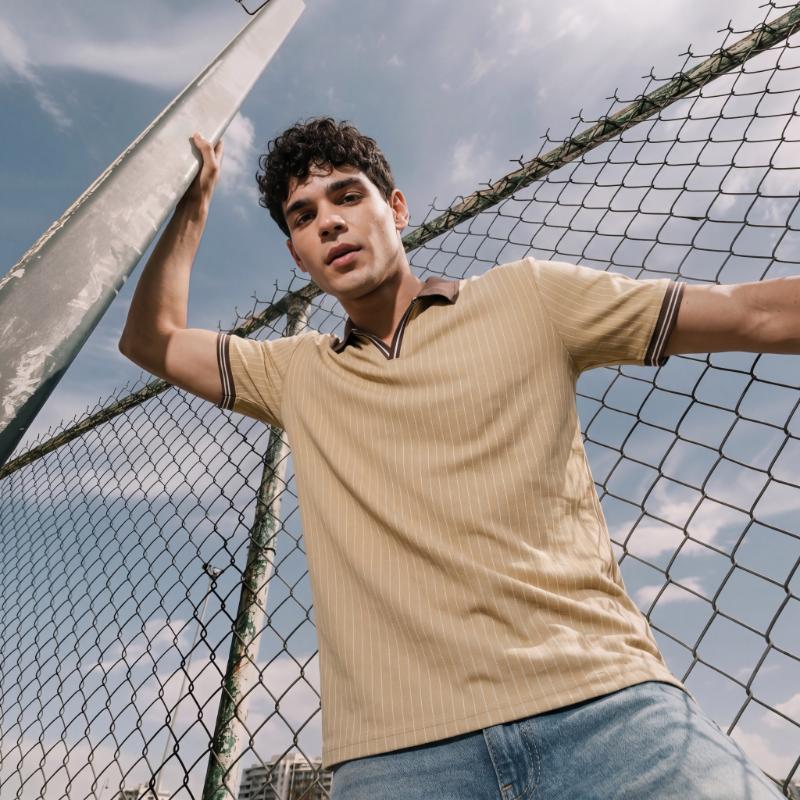 Beige Textured Regular Fit Polo T-Shirt for Men - Image 1