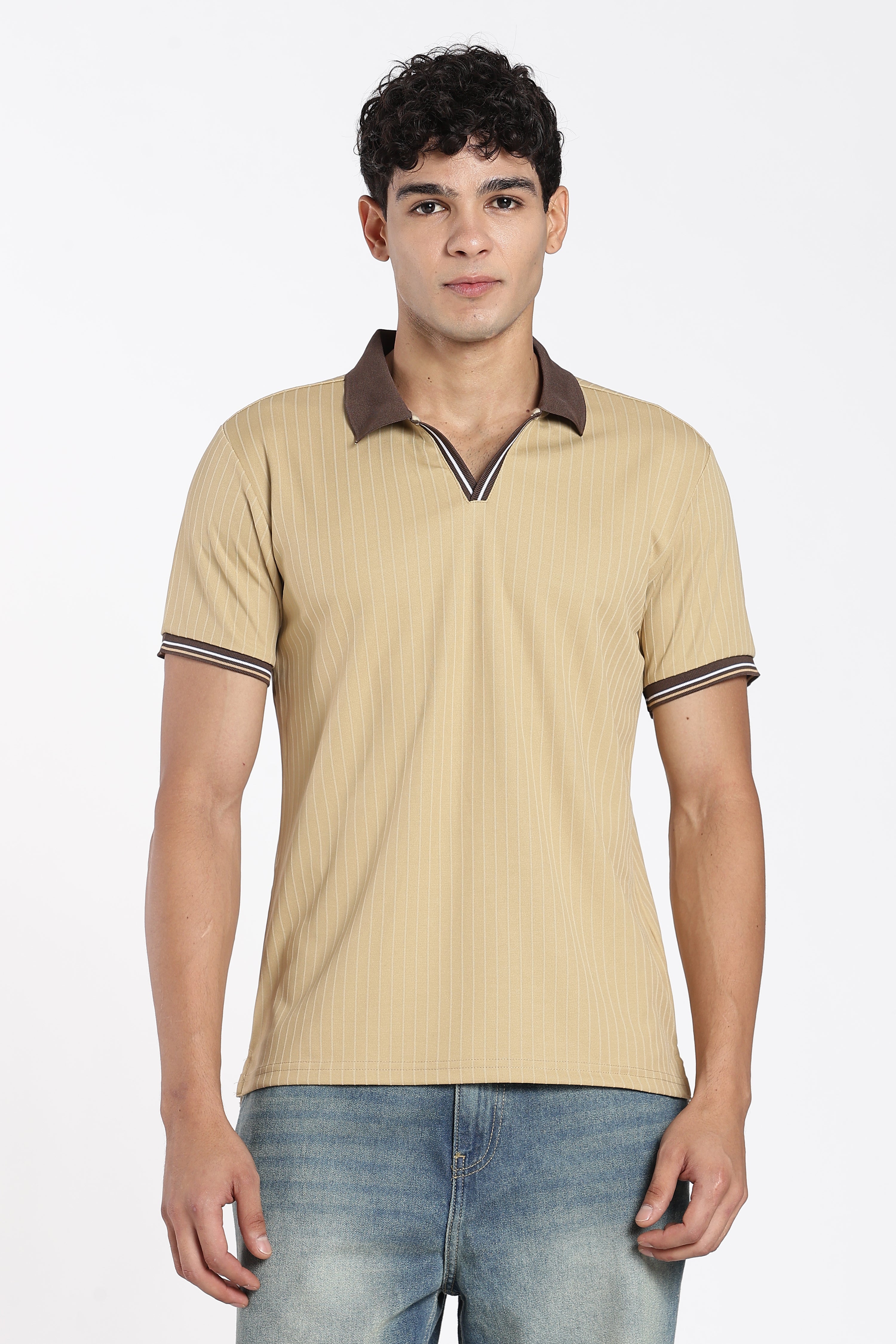 Beige Textured Regular Fit Polo T-Shirt for Men - Image 2