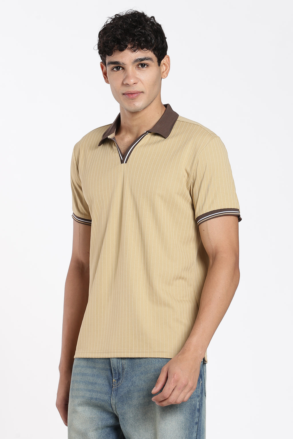Beige Textured Regular Fit Polo T-Shirt for Men - Image 4