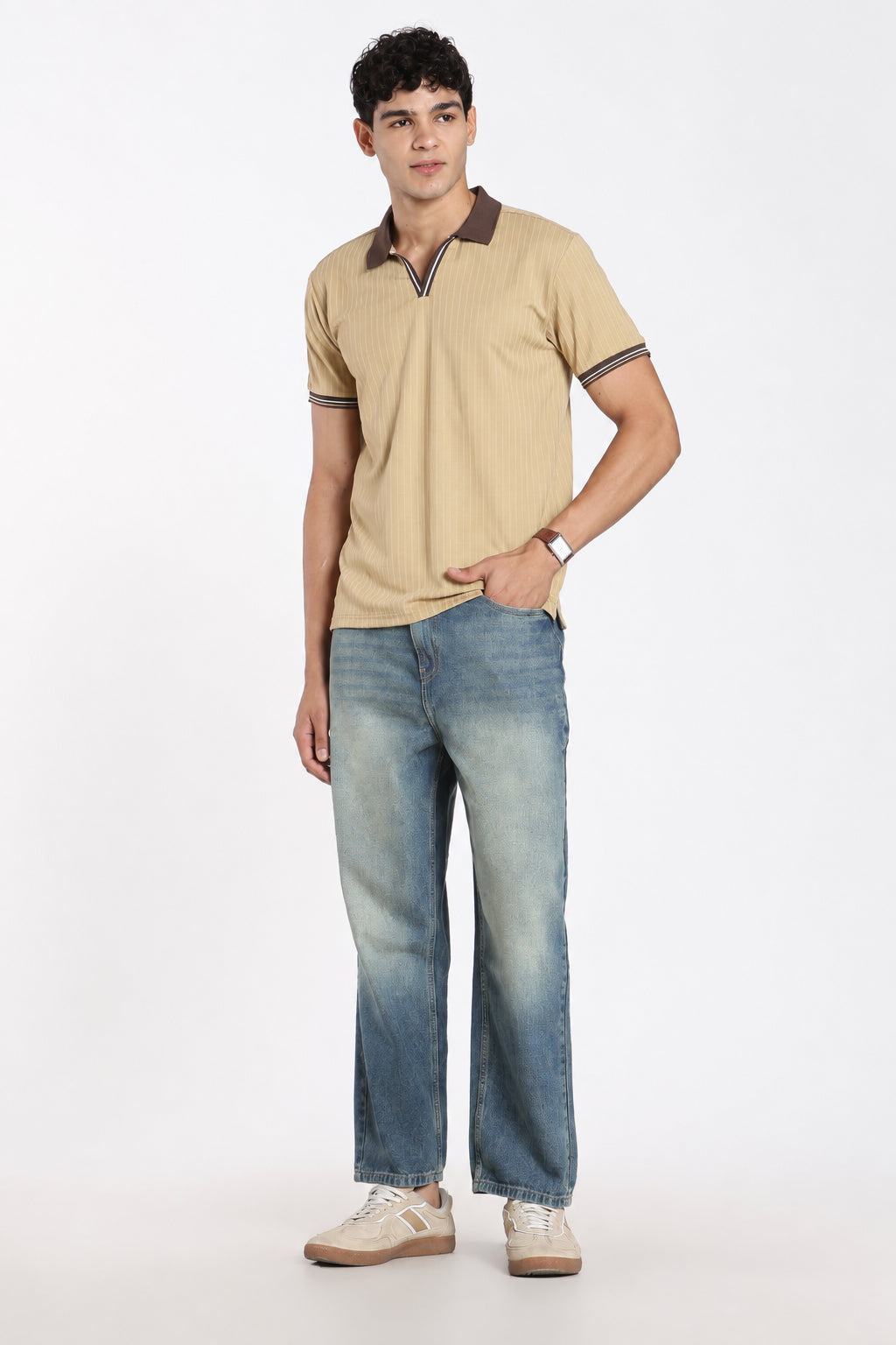 Beige Textured Regular Fit Polo T-Shirt for Men - Image 6