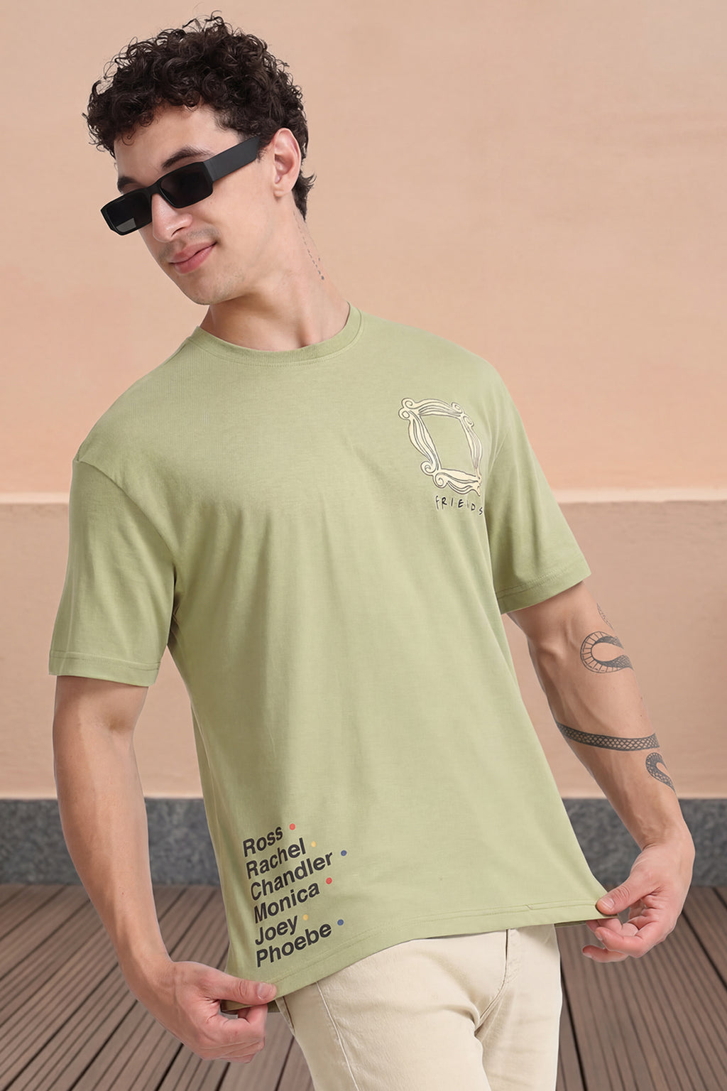 Light Green Graphic Printed Oversized Fit T-Shirt for Men - Image 1