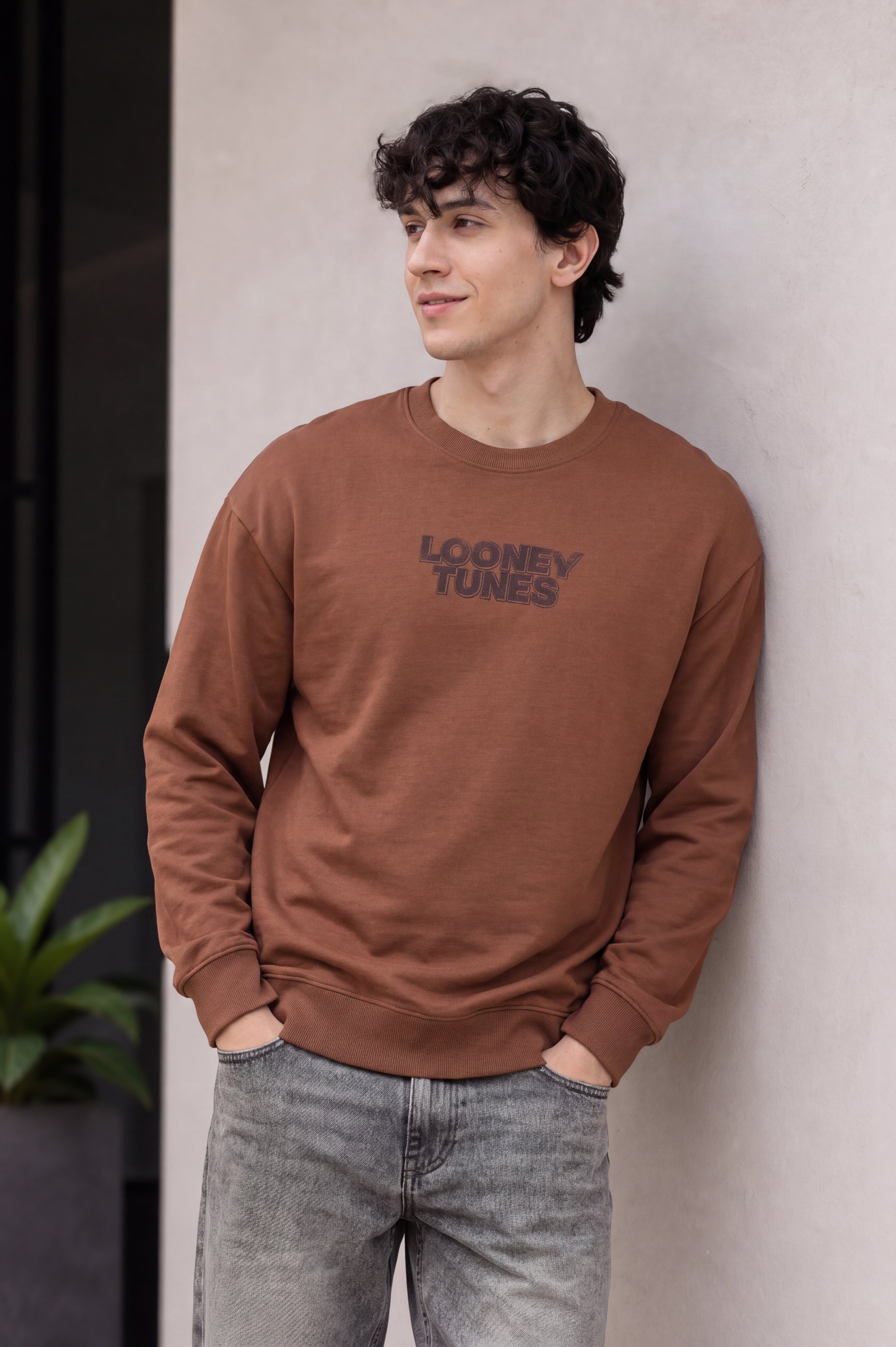 Brown Drop Shoulder Sleeves Regular Fit Sweatshirt for Men - Image 1