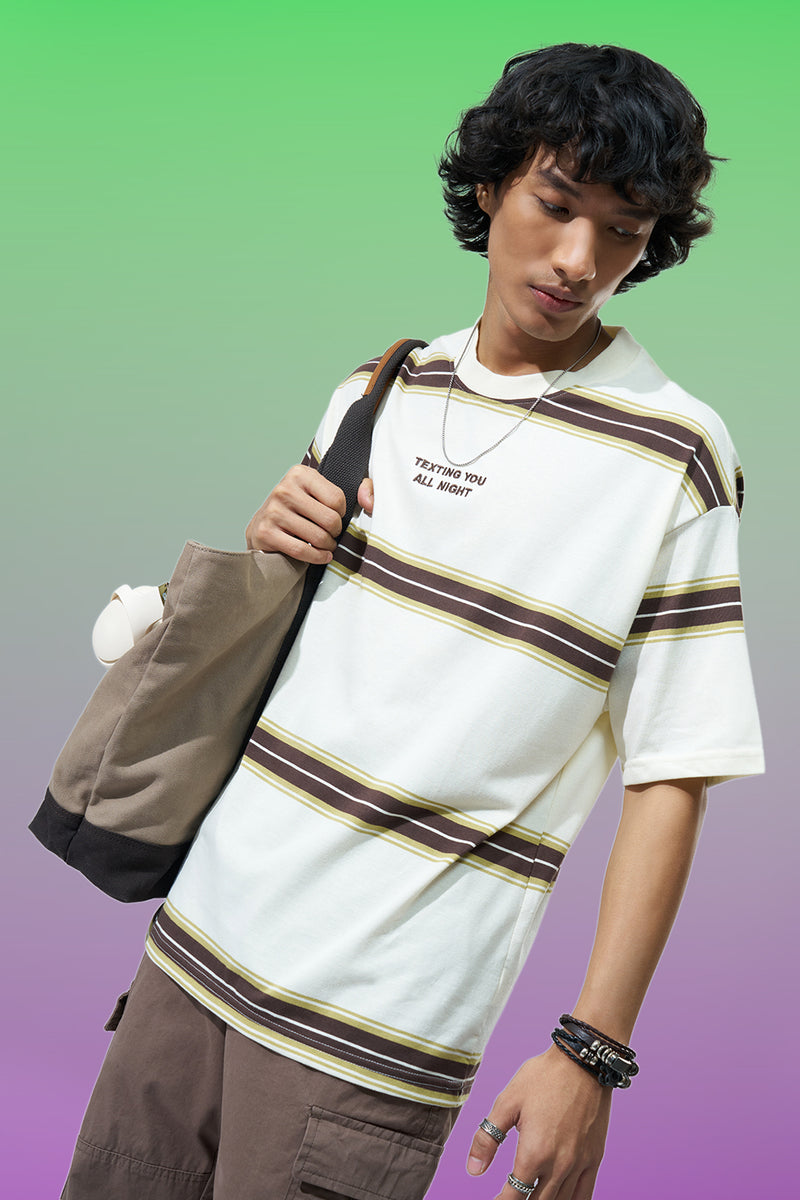 Off White Striped Oversized Fit T-Shirt For Men