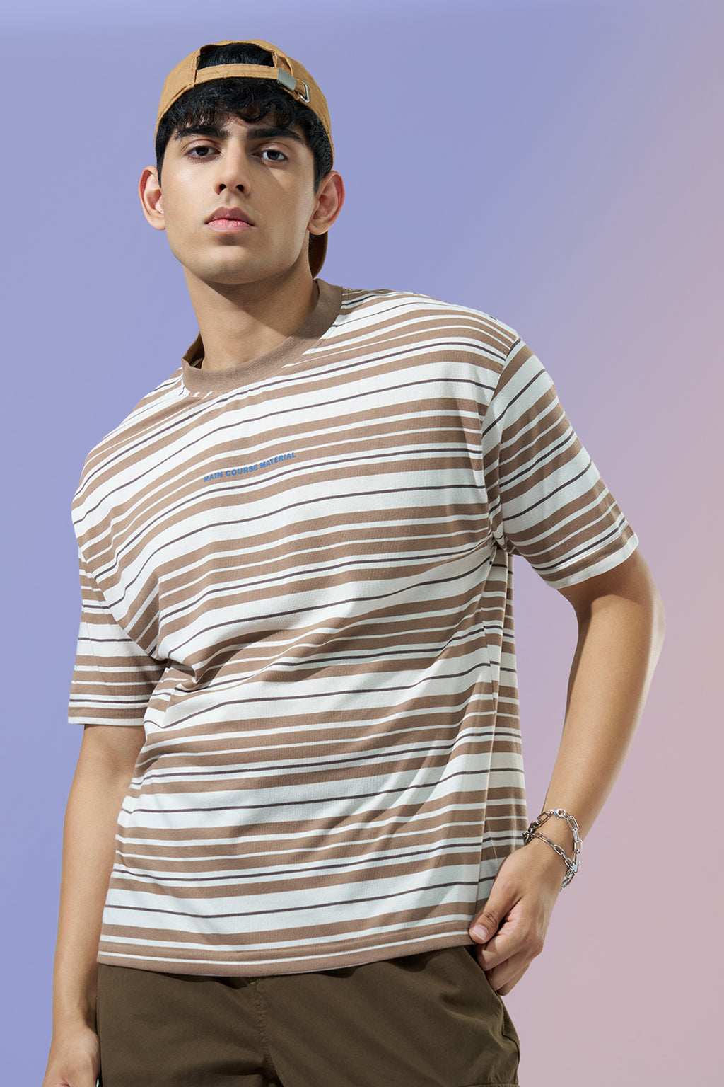 Brown Striped Oversized Fit T-Shirt for Men - Image 1