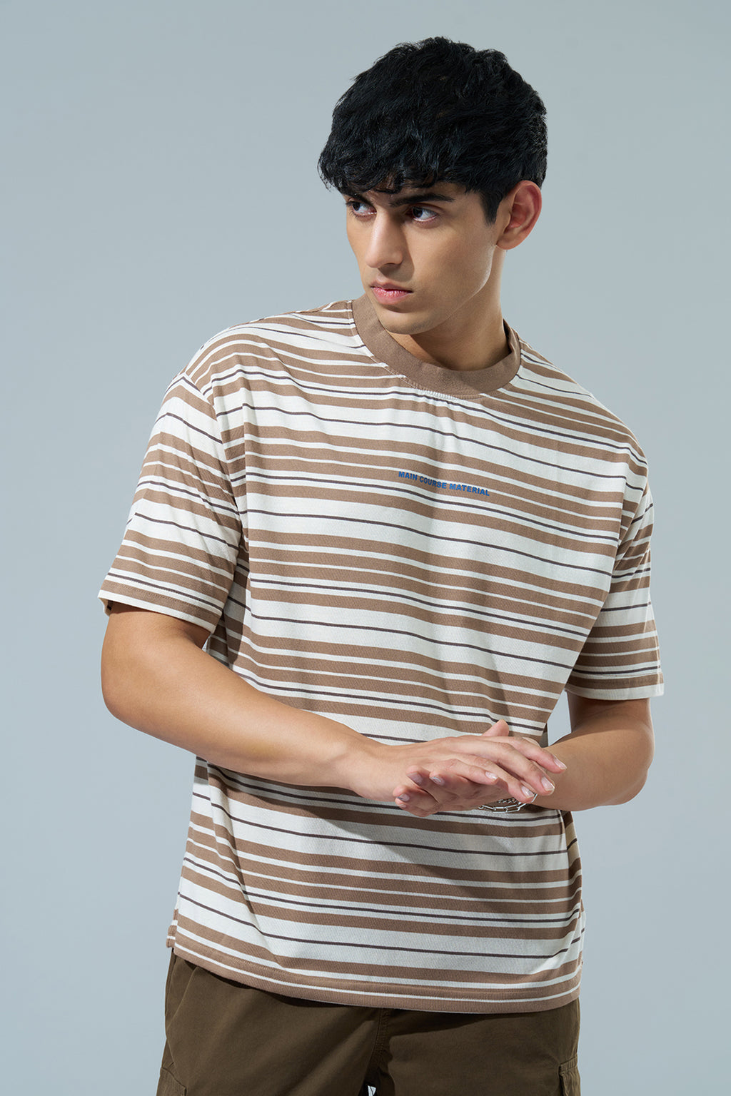 Brown Striped Oversized Fit T-Shirt for Men - Image 2