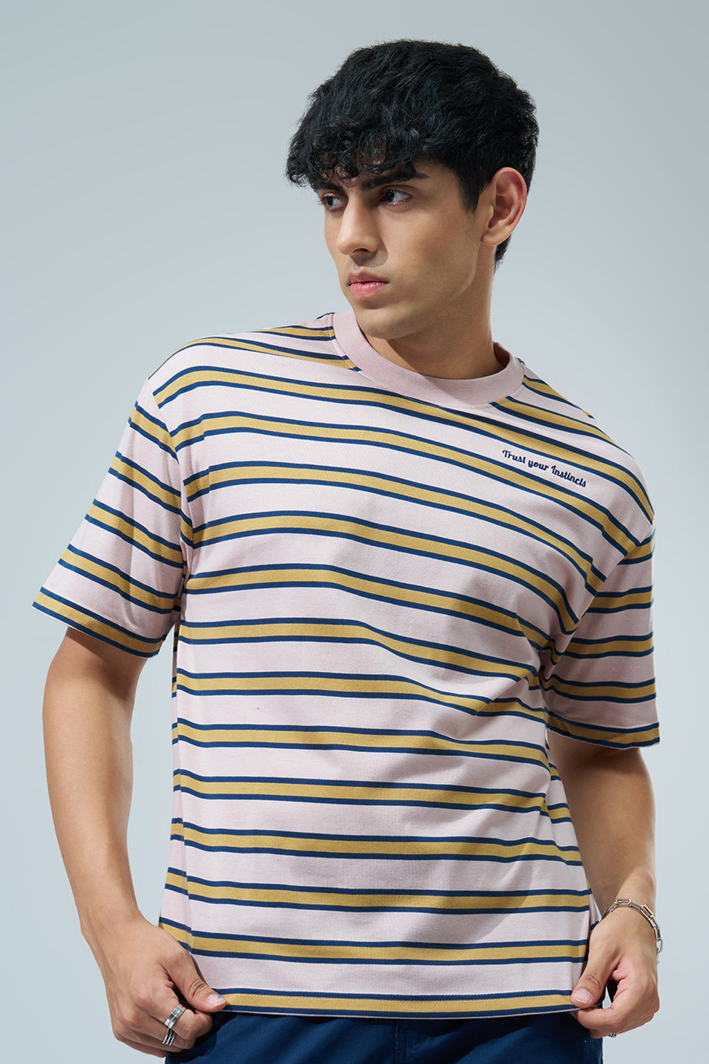 Multi-coloured Striped Oversized Fit T-Shirt for Men - Image 2