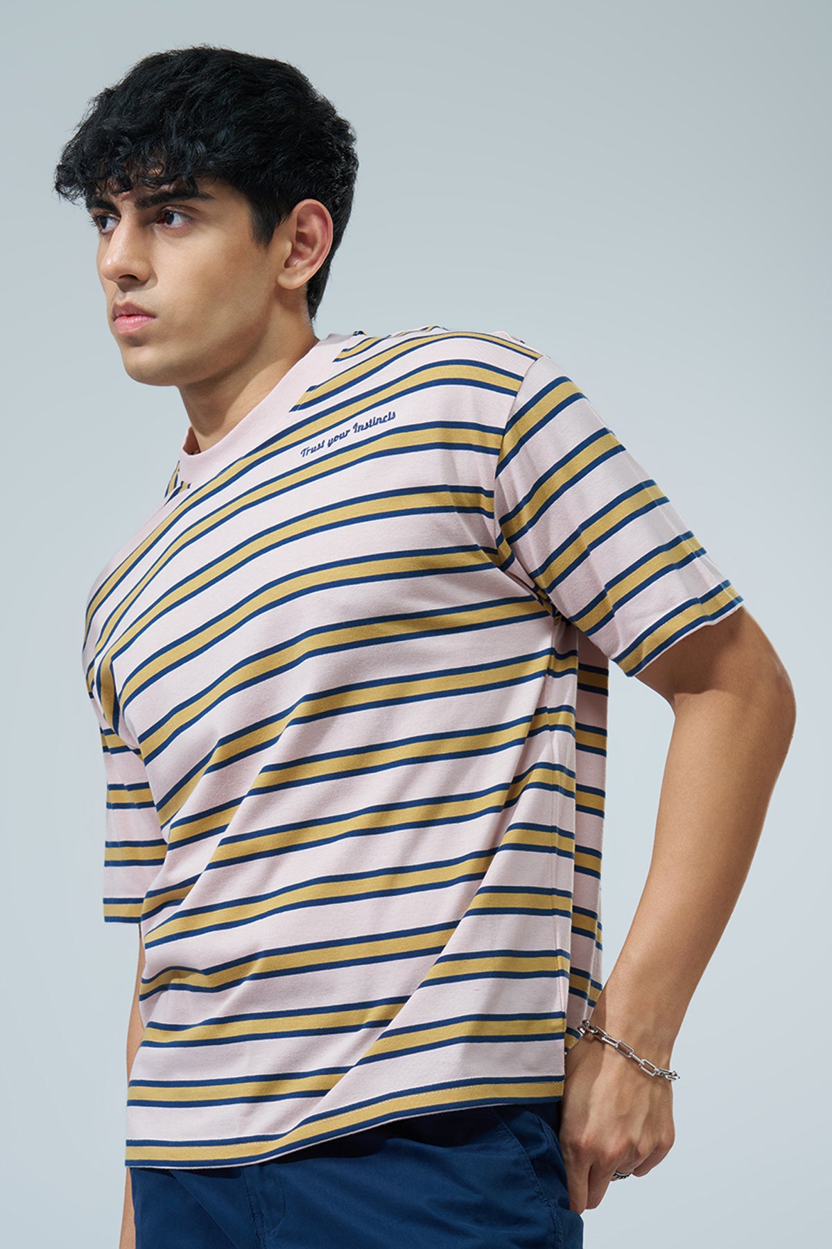 Multi-coloured Striped Oversized Fit T-Shirt for Men - Image 4