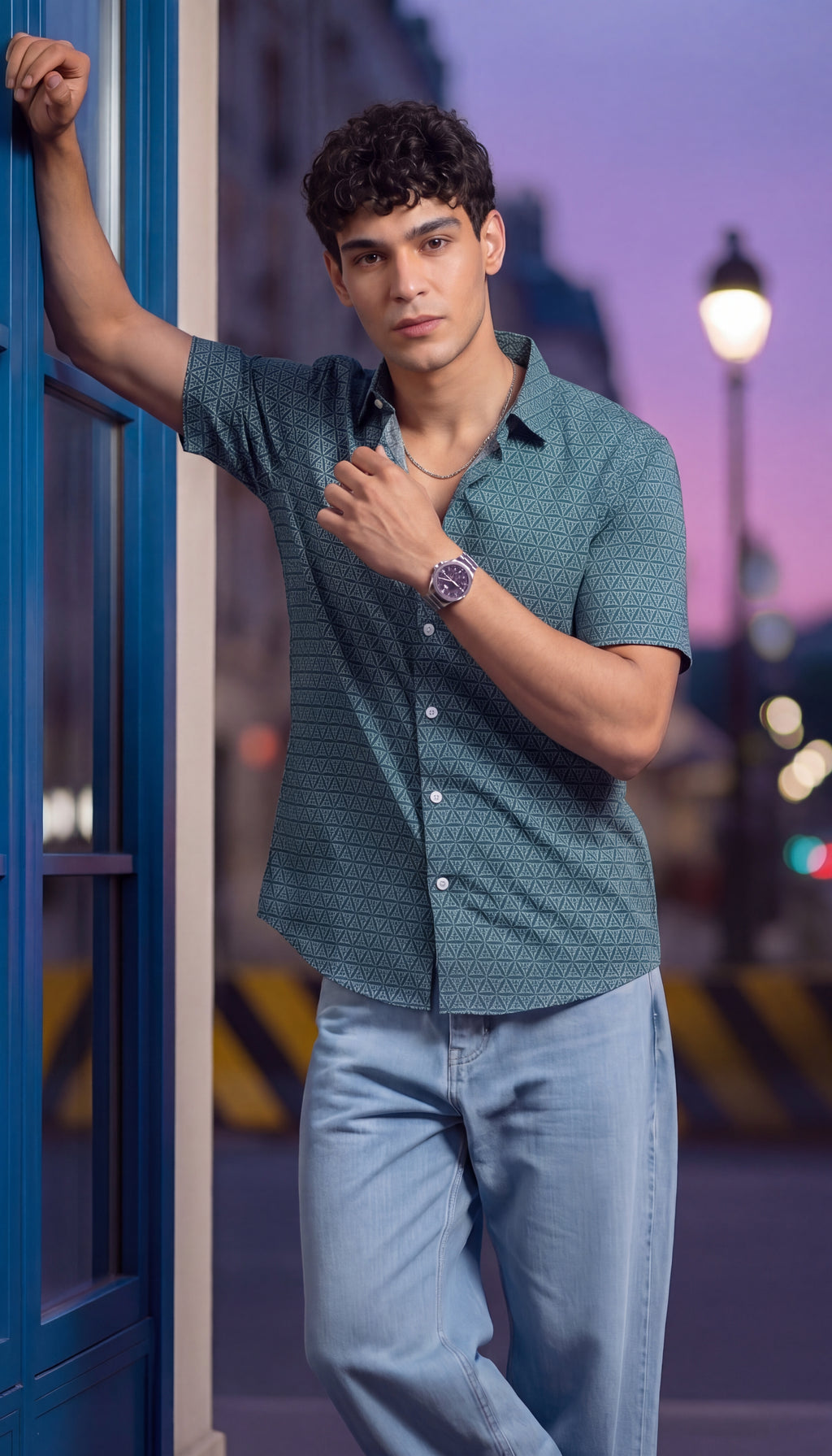 Teal Printed Regular Fit Shirt for Men - Image 1